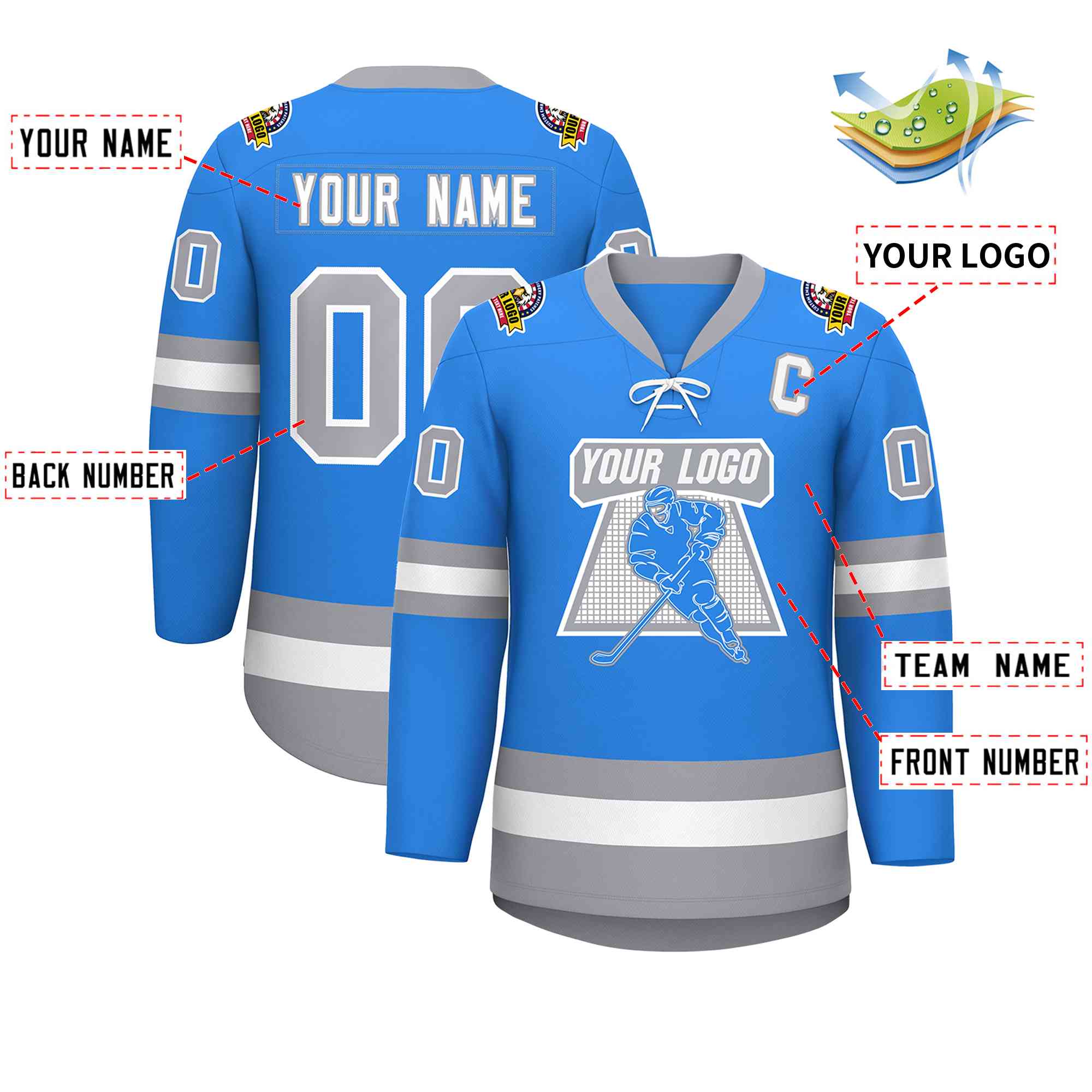 Custom Powder Blue White-Gray Lace-Up Neck Hockey Jersey | KXKSHOP