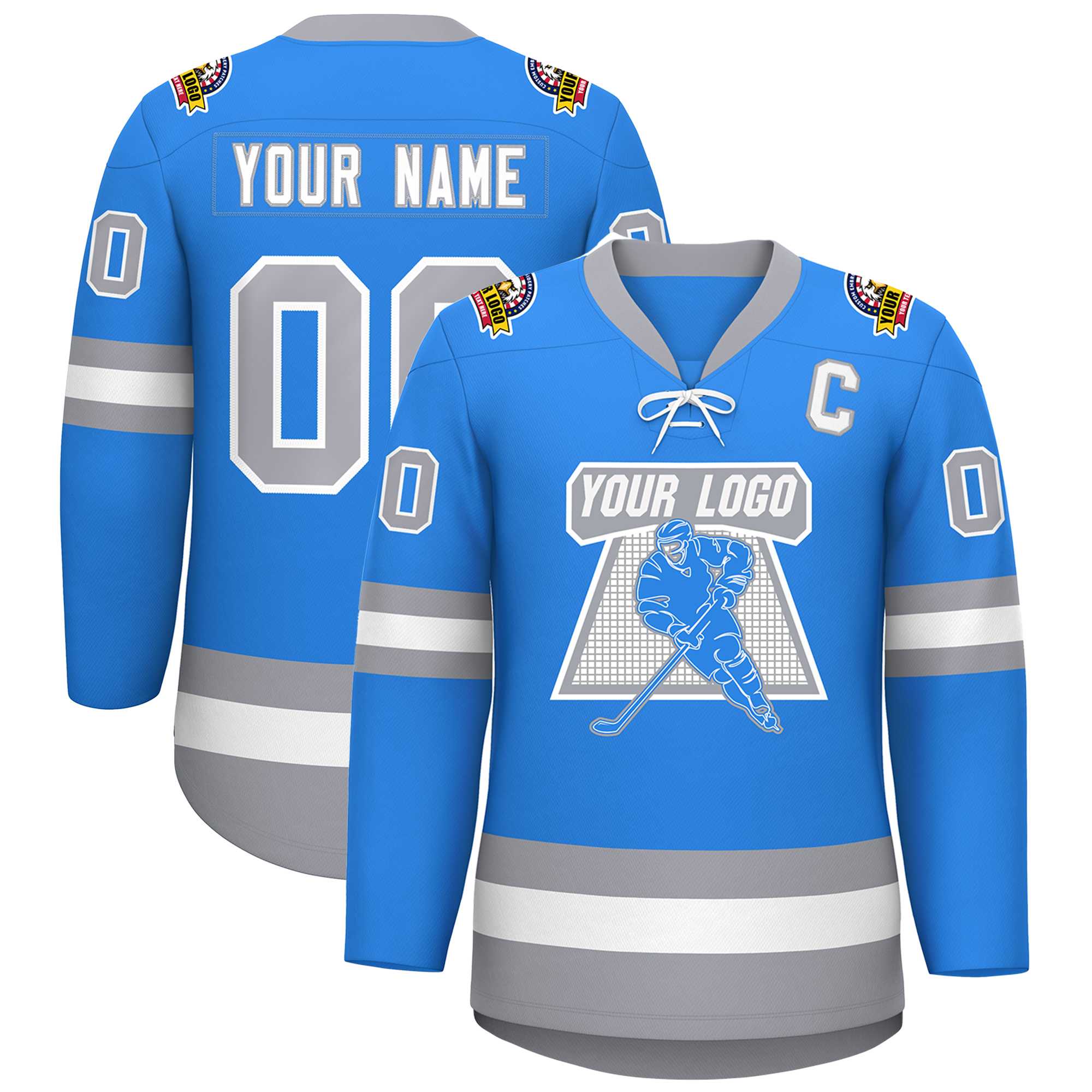 Custom Powder Blue White-Gray Lace-Up Neck Hockey Jersey | KXKSHOP