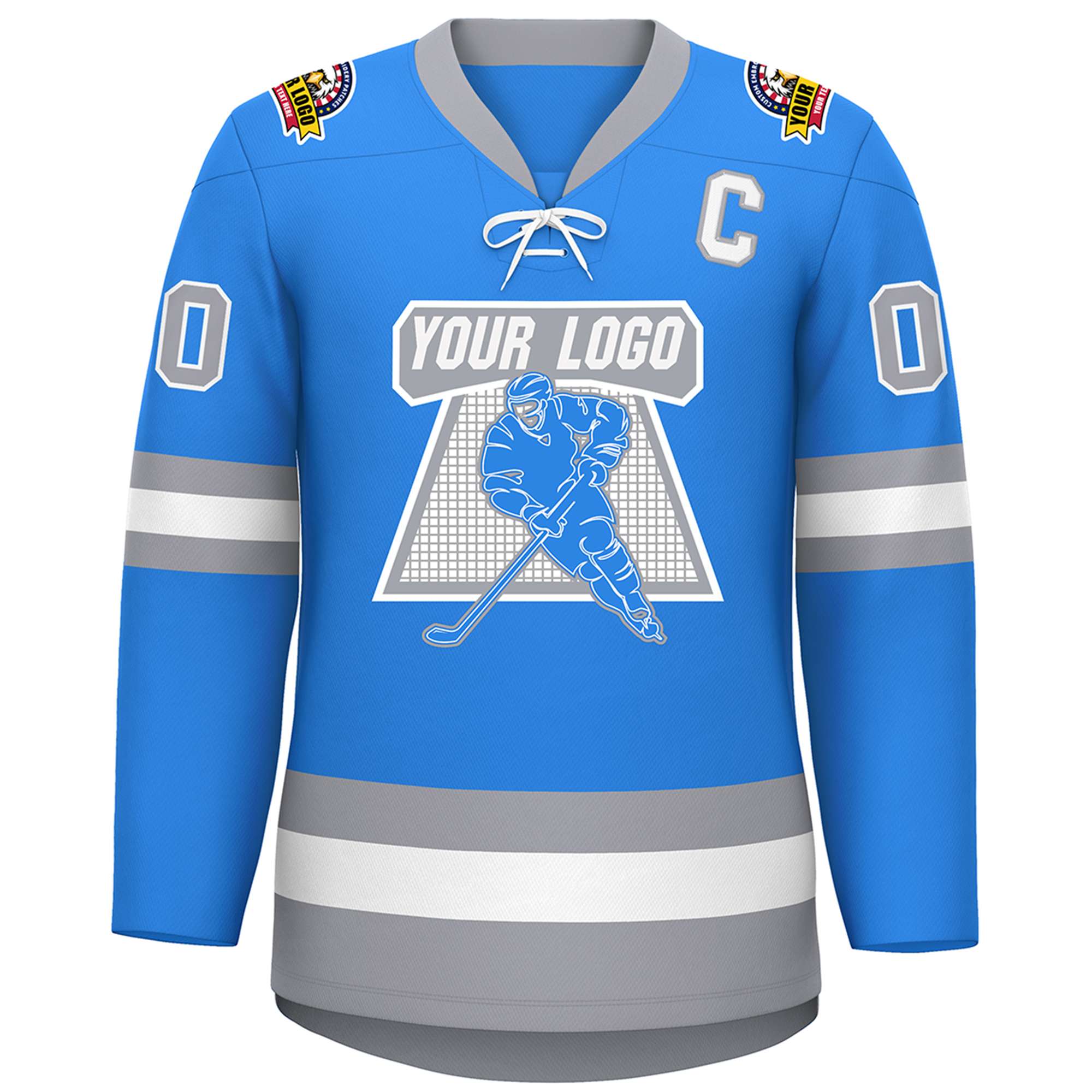 Custom Powder Blue White-Gray Lace-Up Neck Hockey Jersey | KXKSHOP