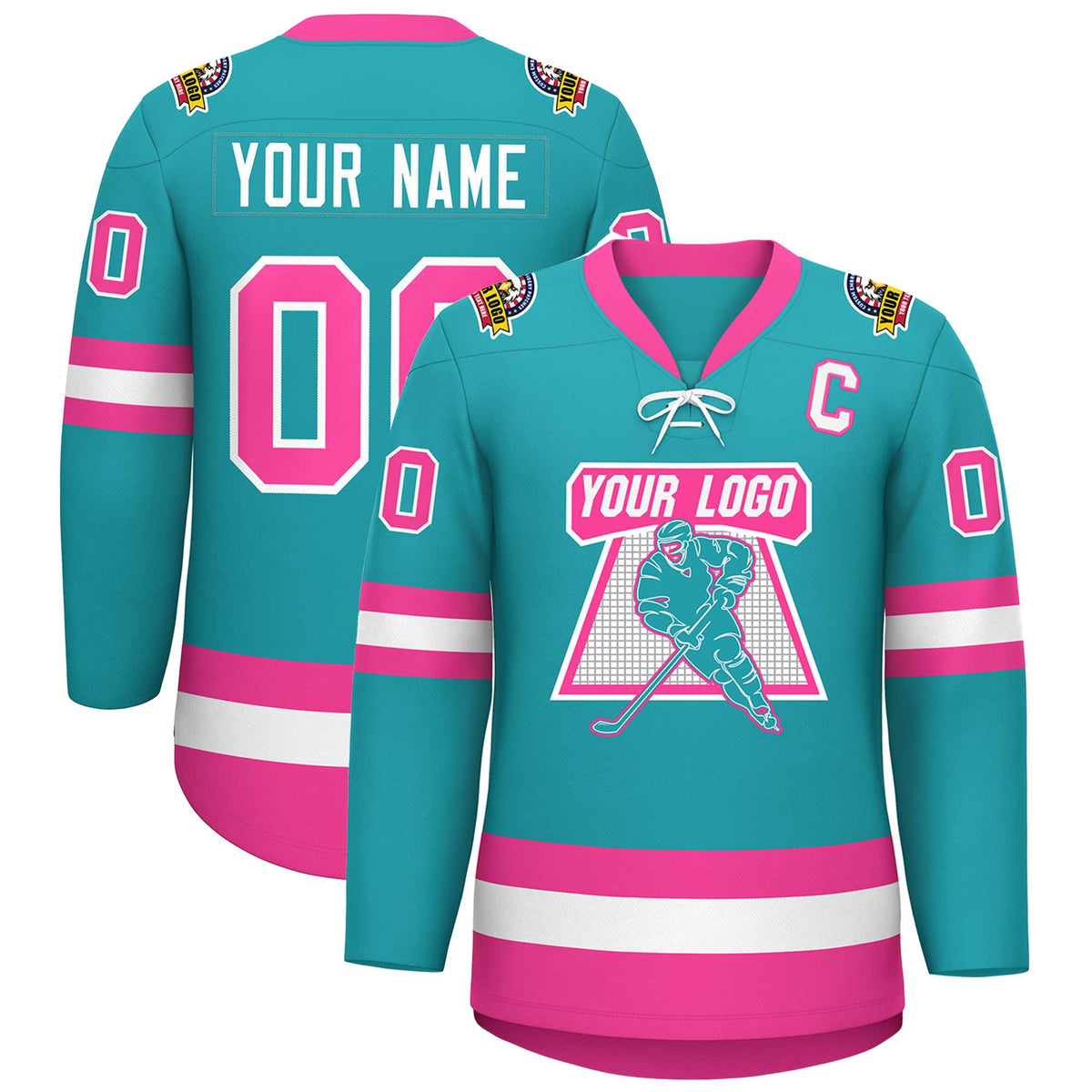 Custom Aqua Pink-White Lace-Up Neck Hockey Jersey | KXKSHOP