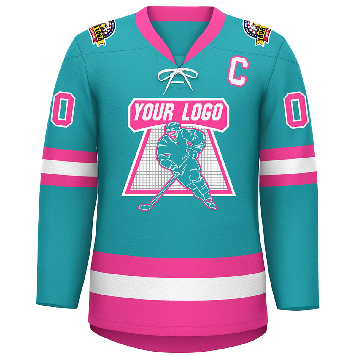 Custom Aqua Pink-White Lace-Up Neck Hockey Jersey | KXKSHOP