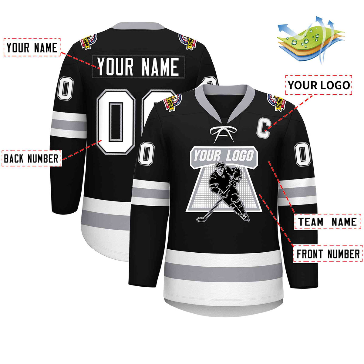 Custom Black White-Gray Lace-Up Neck Hockey Jersey | KXKSHOP