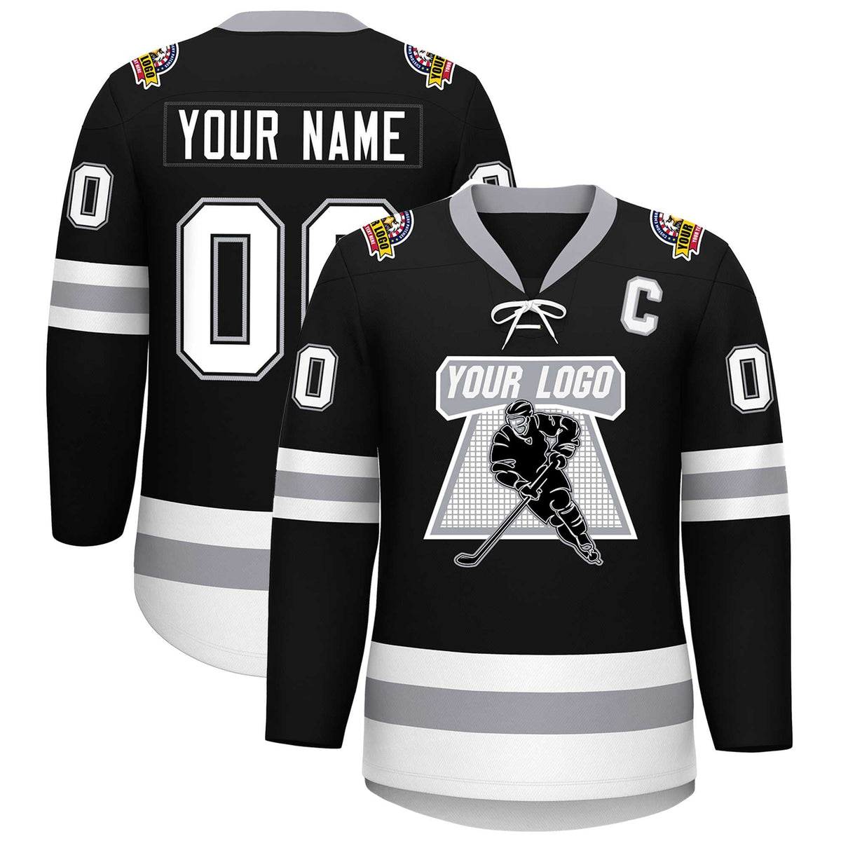 Custom Black White-Gray Lace-Up Neck Hockey Jersey | KXKSHOP