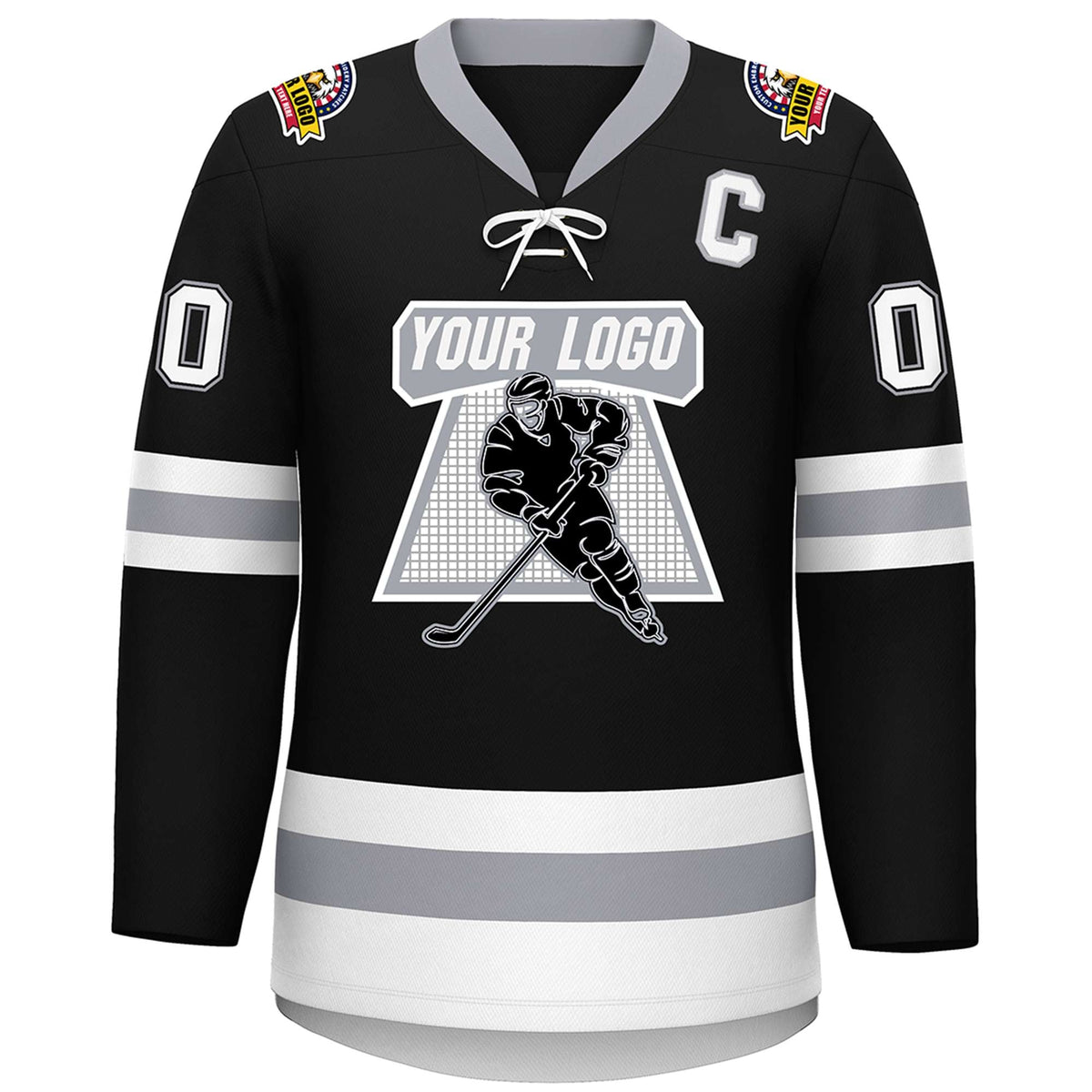 Custom Black White-Gray Lace-Up Neck Hockey Jersey | KXKSHOP