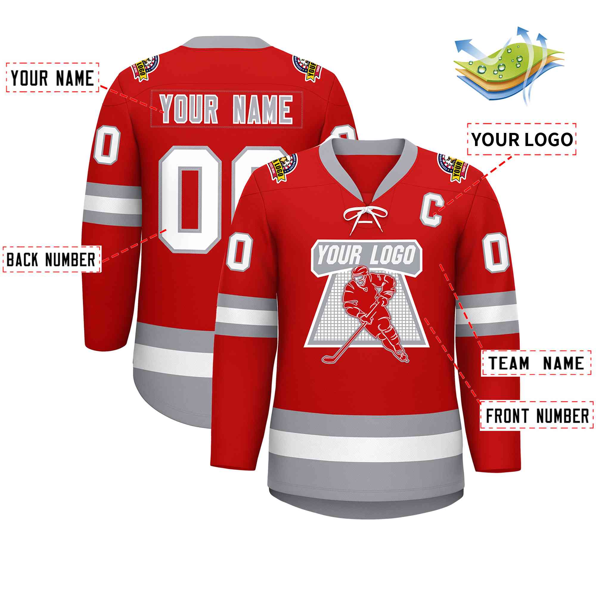 Custom Red White-Gray Lace-Up Neck Hockey Jersey | KXKSHOP