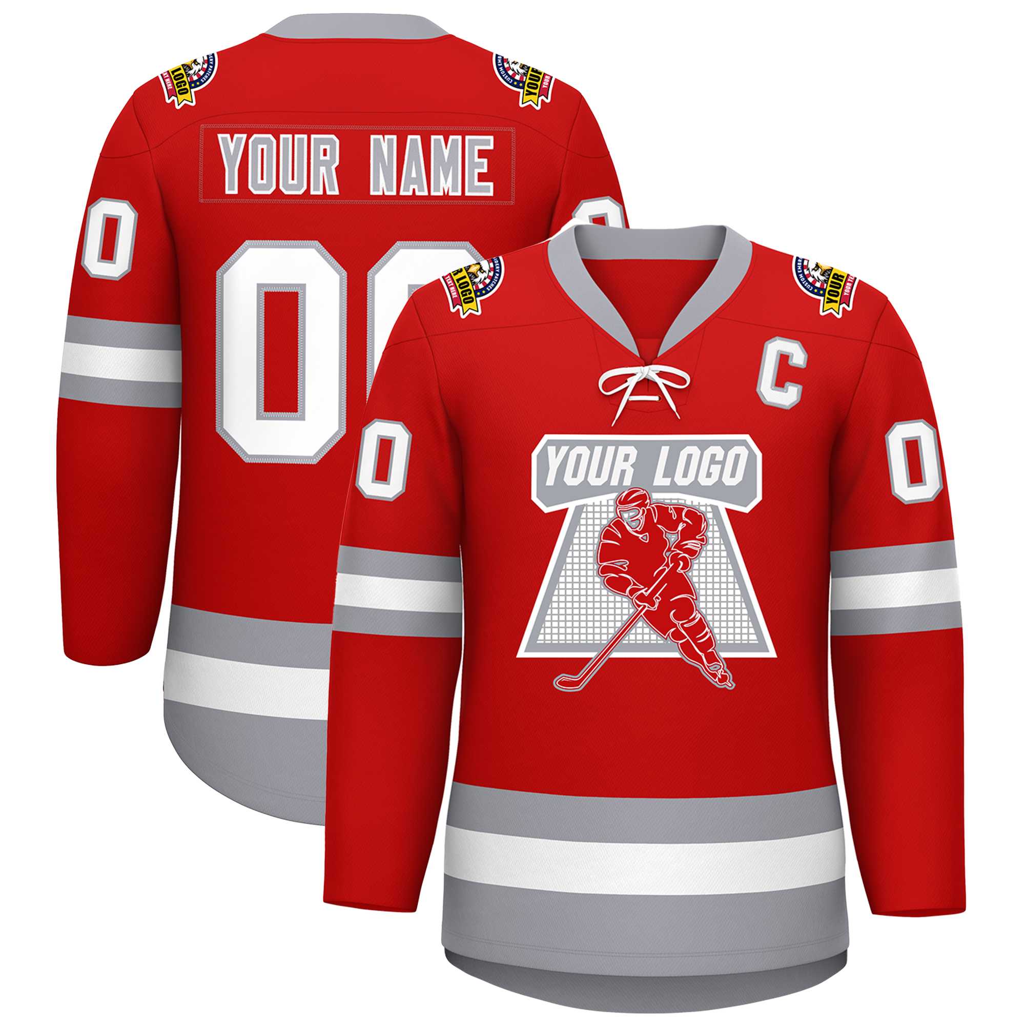 Custom Red White-Gray Lace-Up Neck Hockey Jersey | KXKSHOP