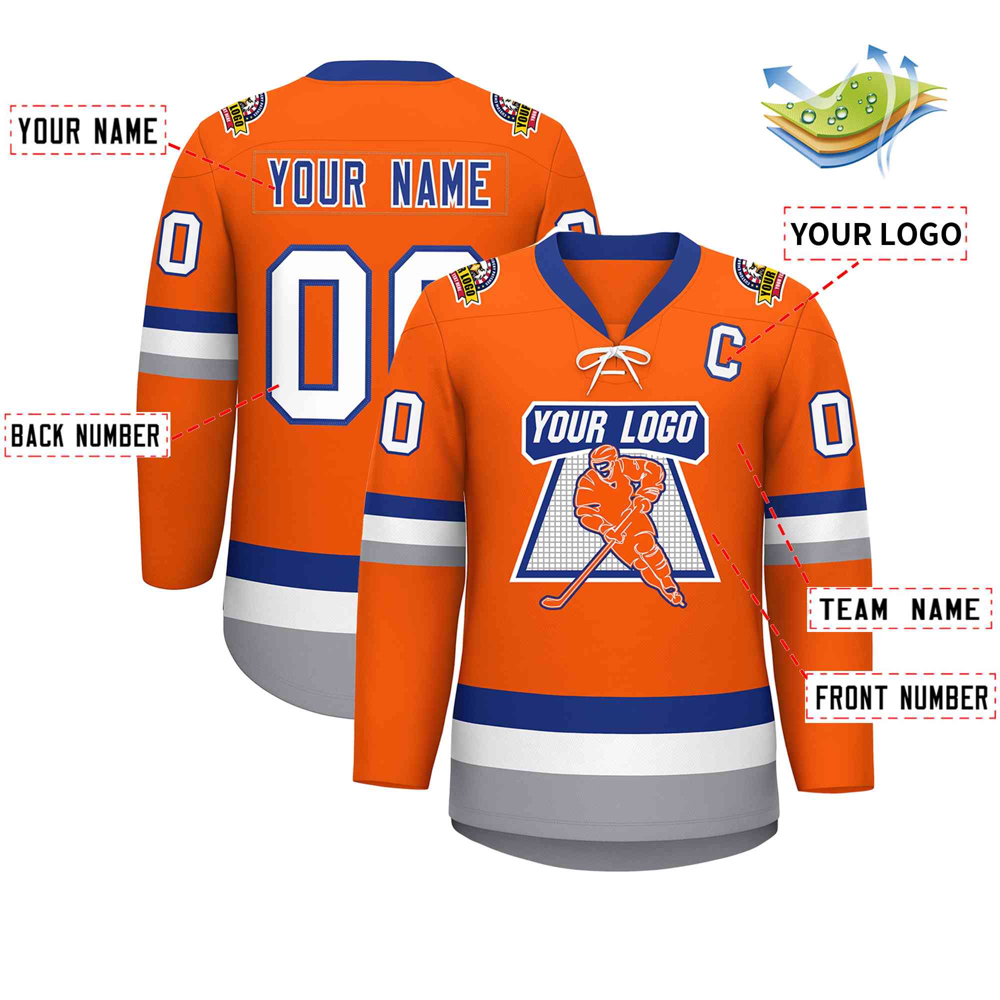 Custom Orange Royal-White Lace-Up Neck Hockey Jersey | KXKSHOP