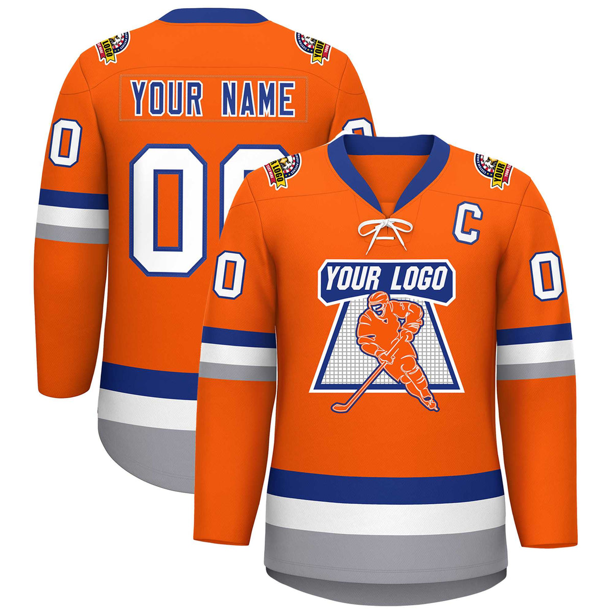 Custom Orange Royal-White Lace-Up Neck Hockey Jersey | KXKSHOP