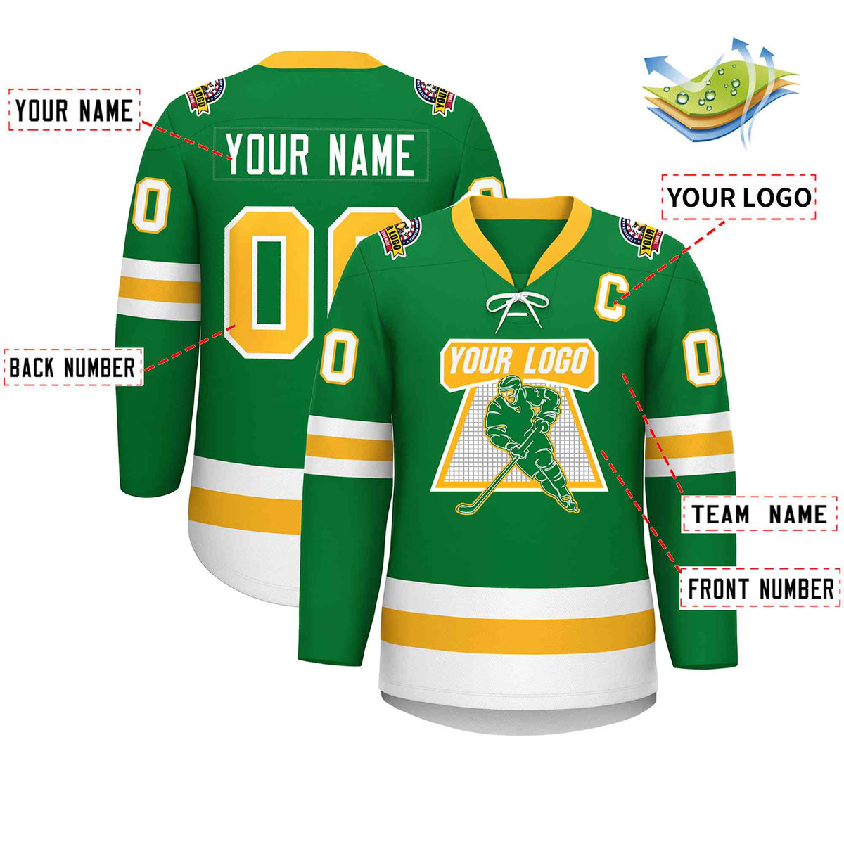 Custom Kelly Green Gold-White Lace-Up Neck Hockey Jersey | KXKSHOP