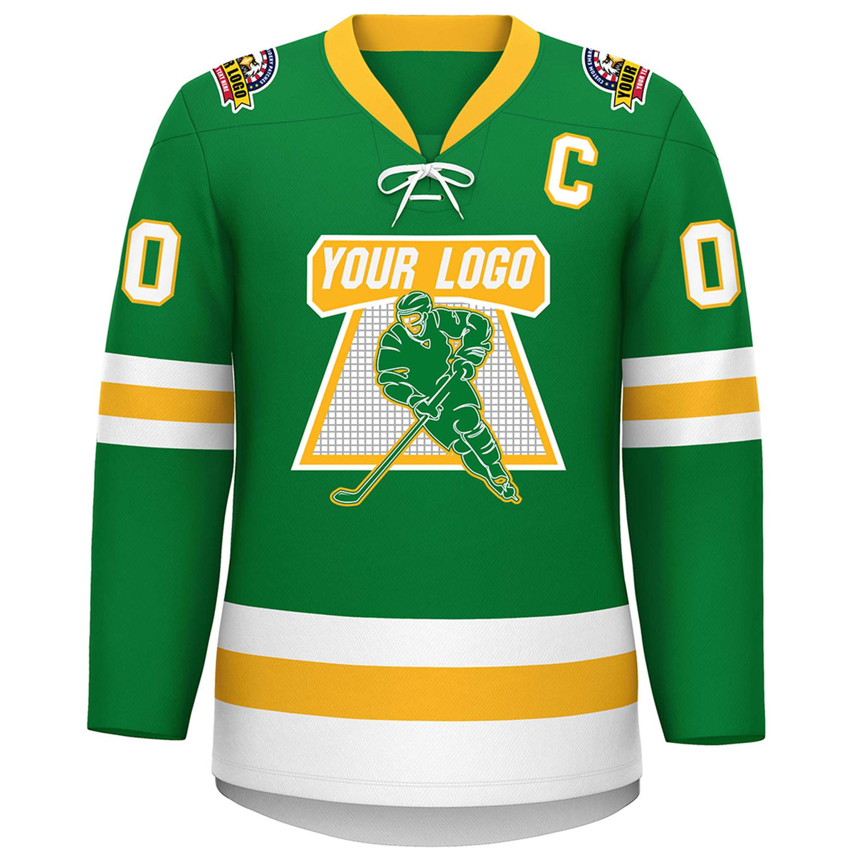 Custom Kelly Green Gold-White Lace-Up Neck Hockey Jersey | KXKSHOP