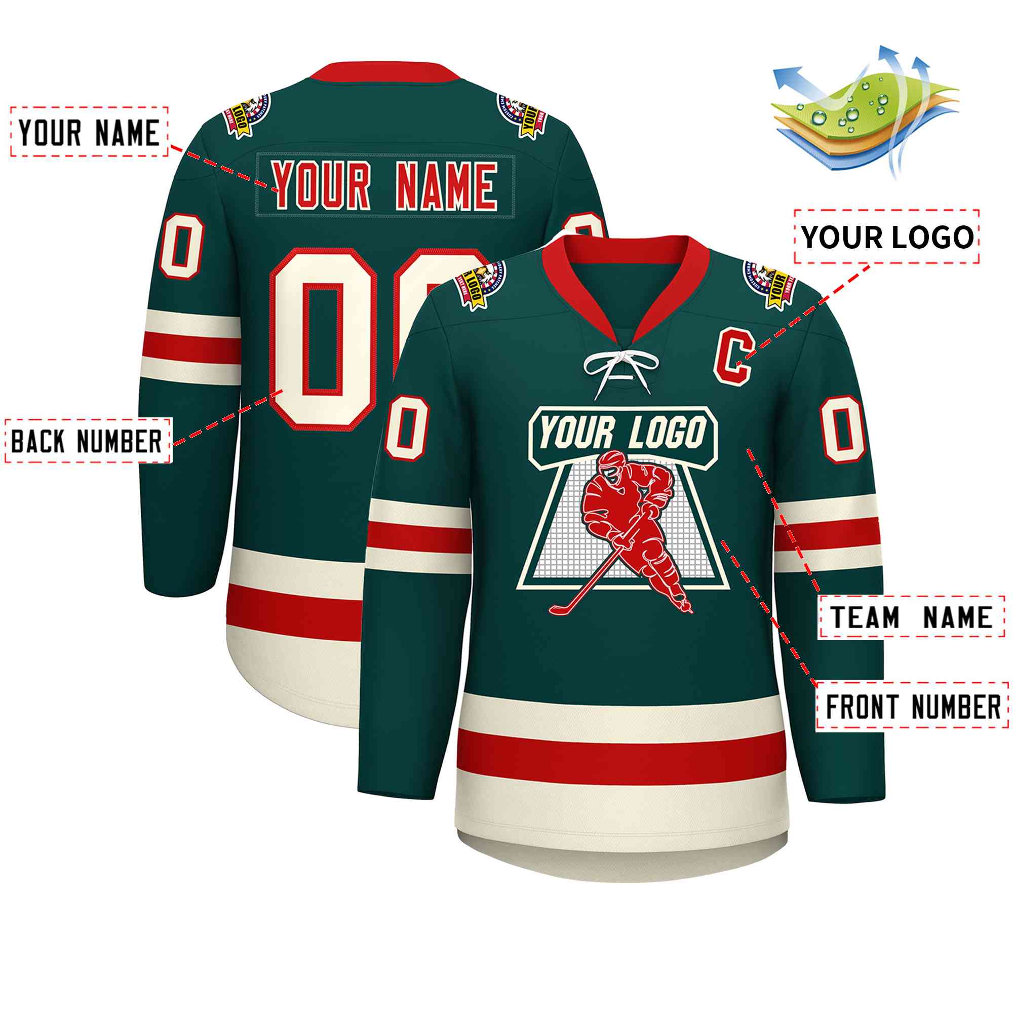 Custom Midnight Green Red-Cream Lace-Up Neck Hockey Jersey | KXKSHOP