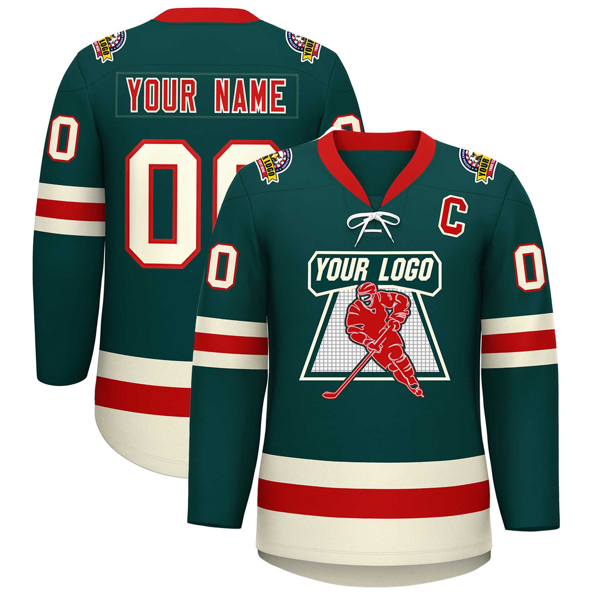 Custom Midnight Green Red-Cream Lace-Up Neck Hockey Jersey | KXKSHOP