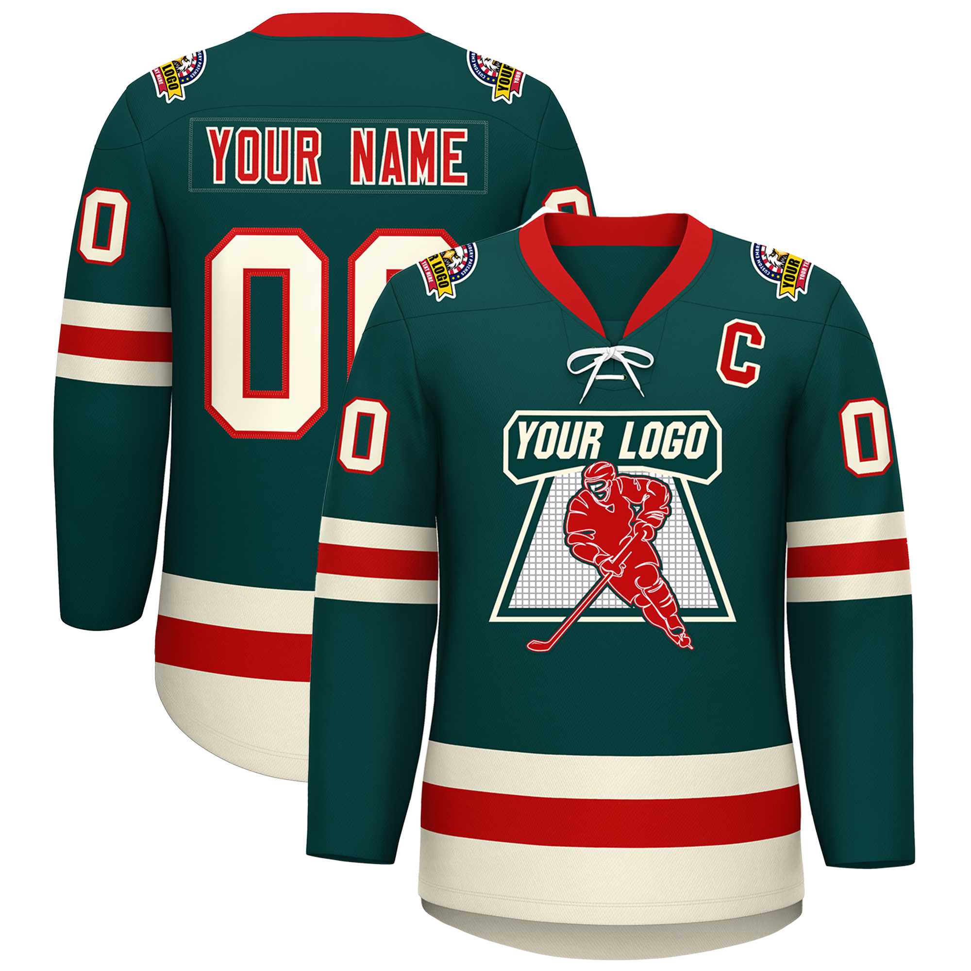 Custom Midnight Green Red-Cream Lace-Up Neck Hockey Jersey | KXKSHOP
