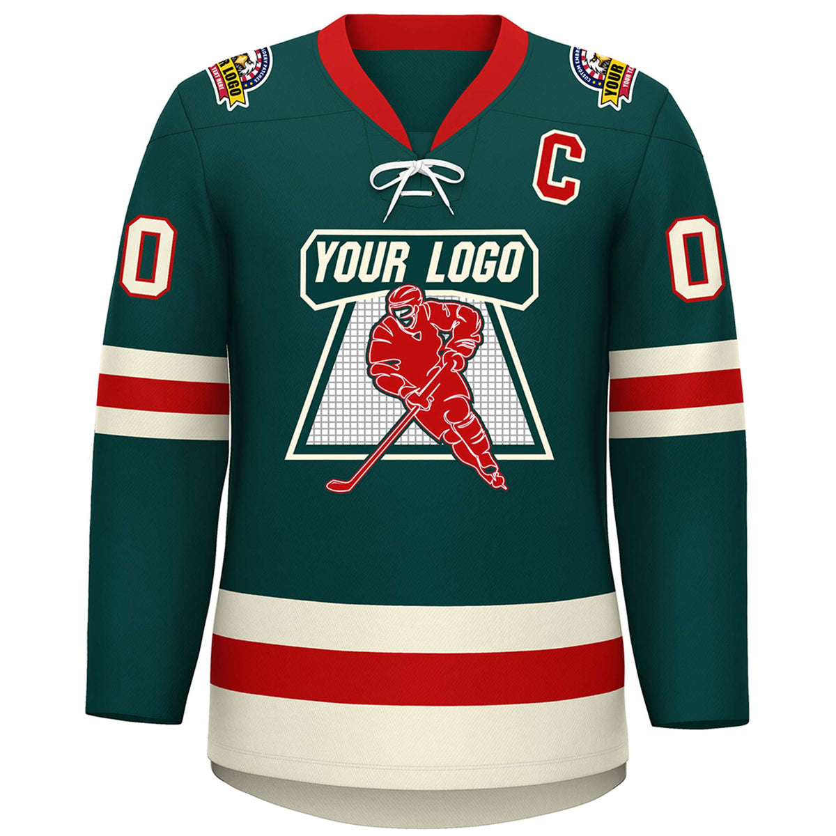 Custom Midnight Green Red-Cream Lace-Up Neck Hockey Jersey | KXKSHOP