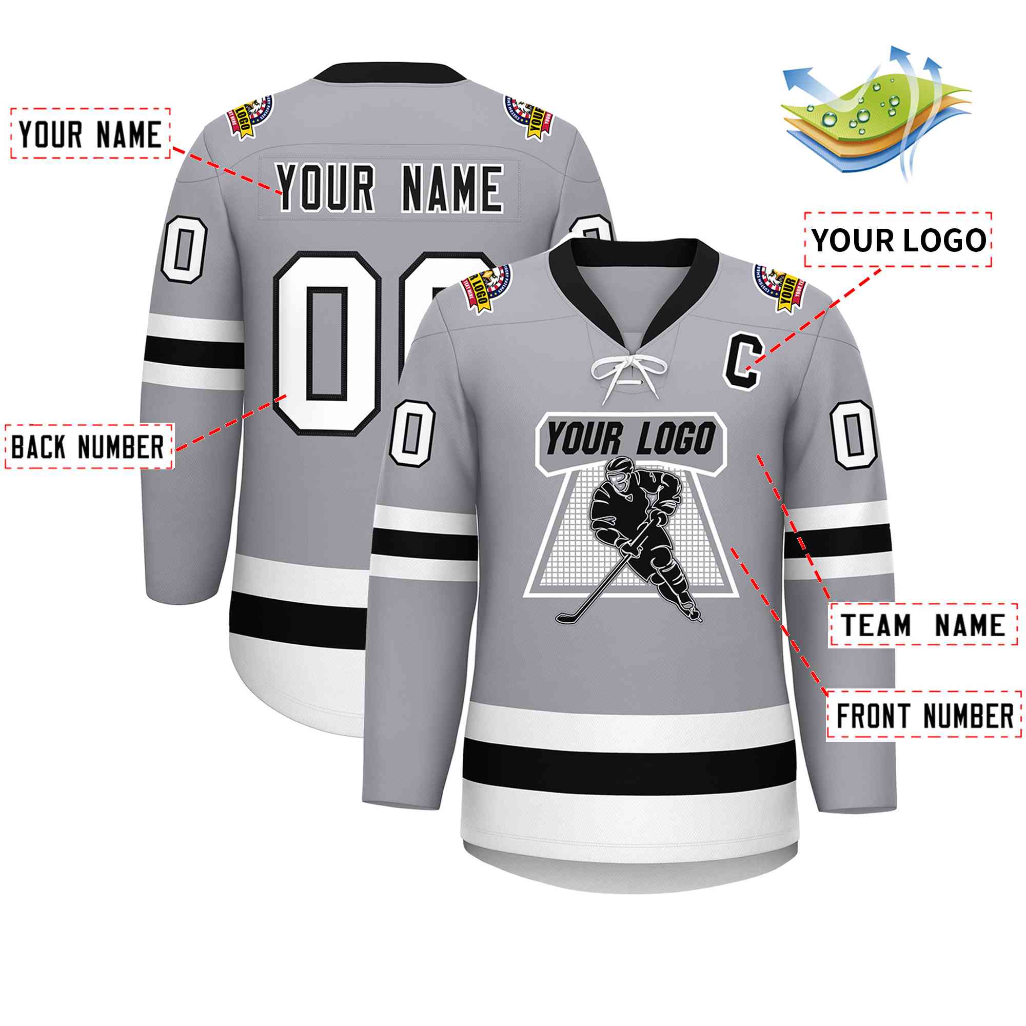 Custom Gray Black-White Lace-Up Neck Hockey Jersey | KXKSHOP