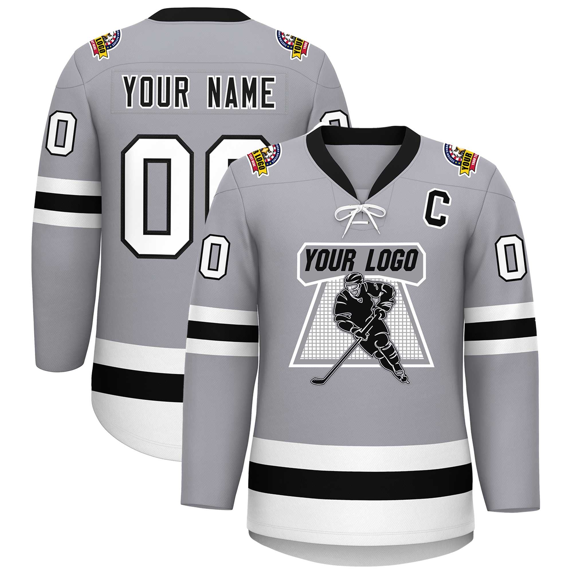 Custom Gray Black-White Lace-Up Neck Hockey Jersey | KXKSHOP