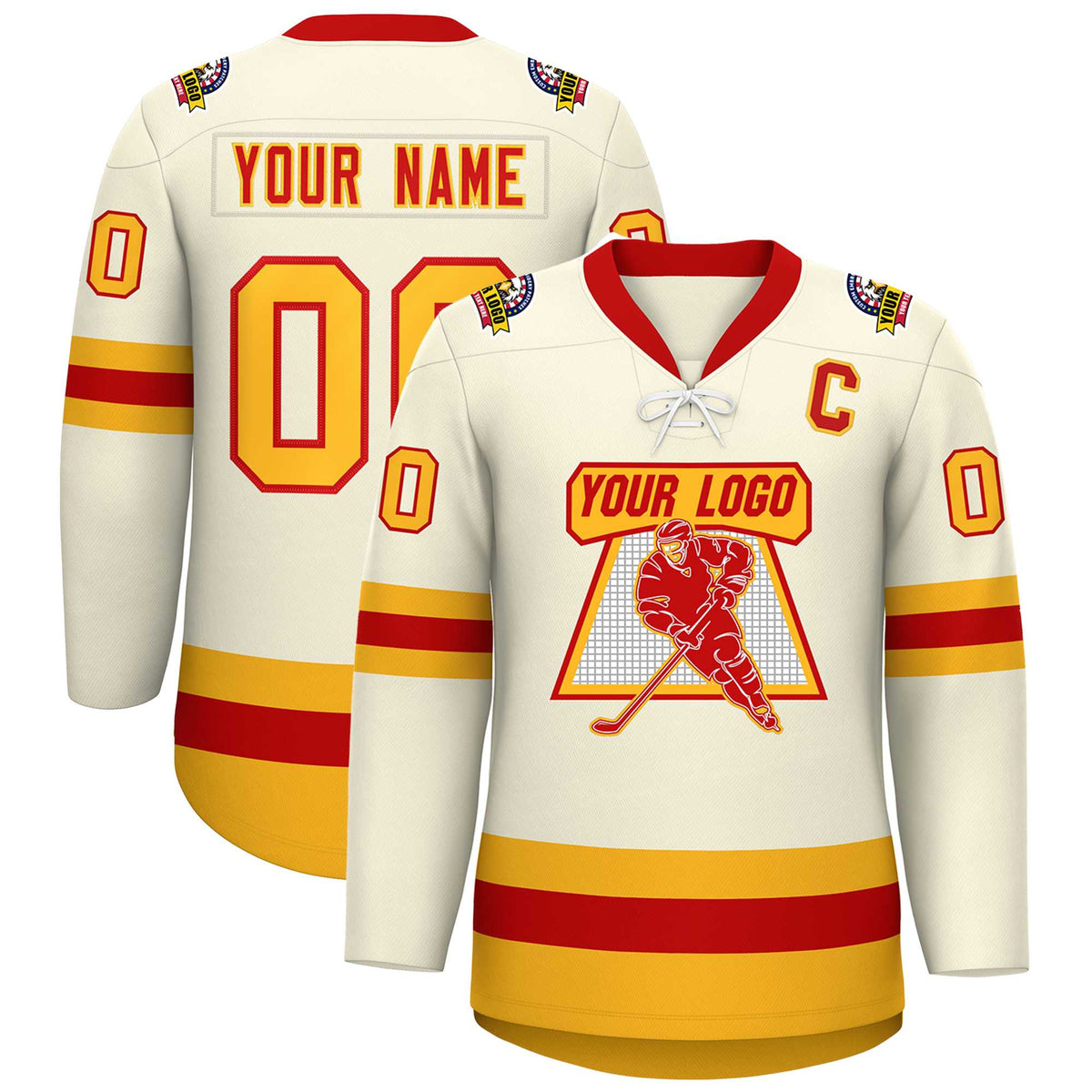 Custom Cream Red-Gold Lace-Up Neck Hockey Jersey | KXKSHOP