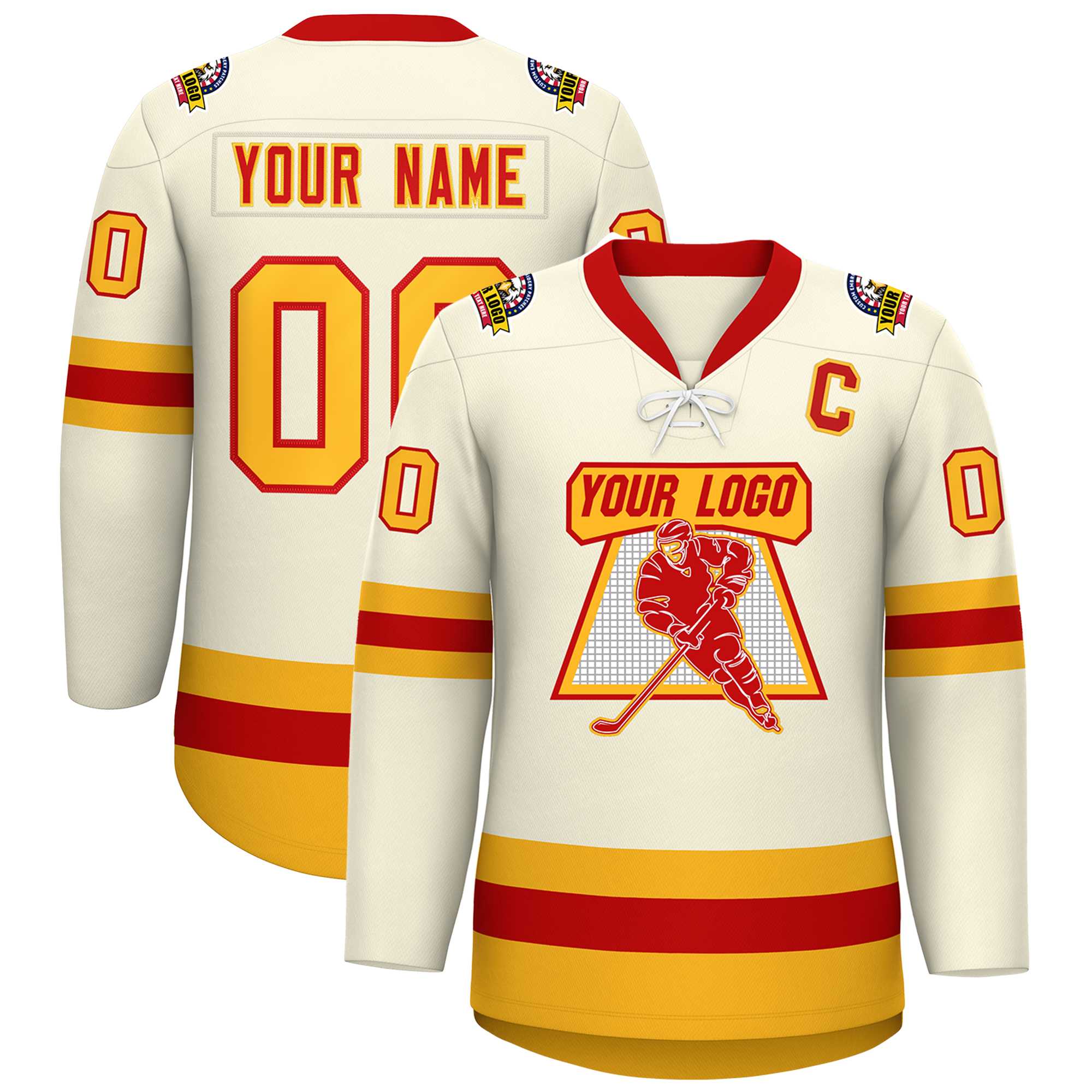 Custom Cream Red-Gold Lace-Up Neck Hockey Jersey | KXKSHOP