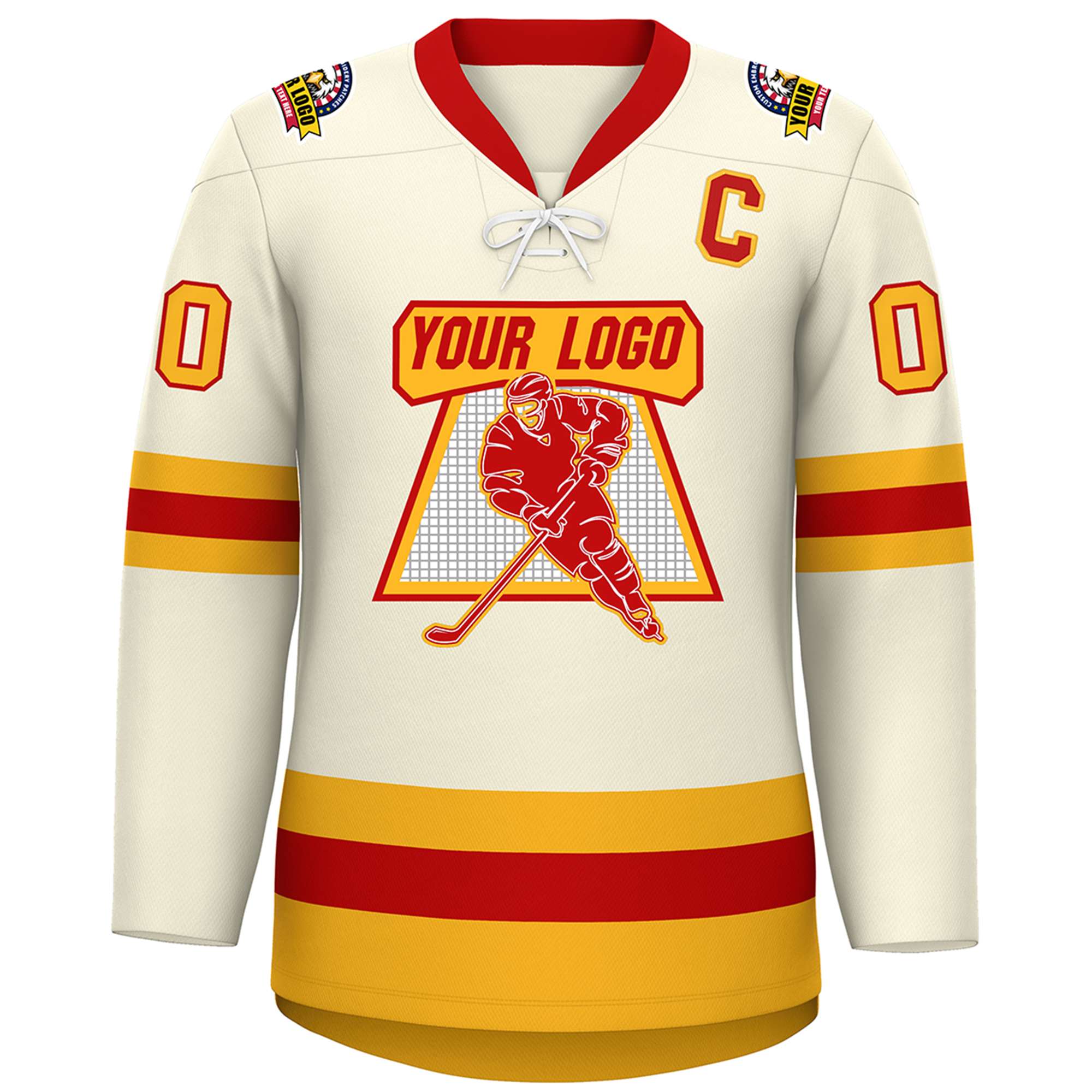 Custom Cream Red-Gold Lace-Up Neck Hockey Jersey | KXKSHOP