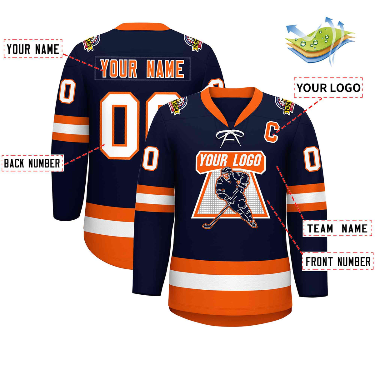 Custom Navy Orange-White Lace-Up Neck Hockey Jersey | KXKSHOP