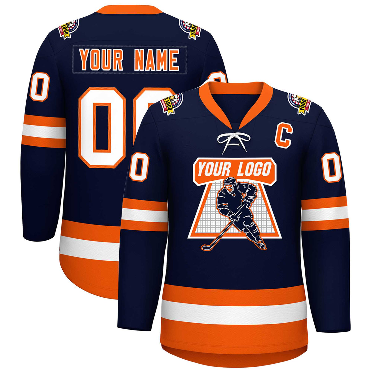 Custom Navy Orange-White Lace-Up Neck Hockey Jersey | KXKSHOP
