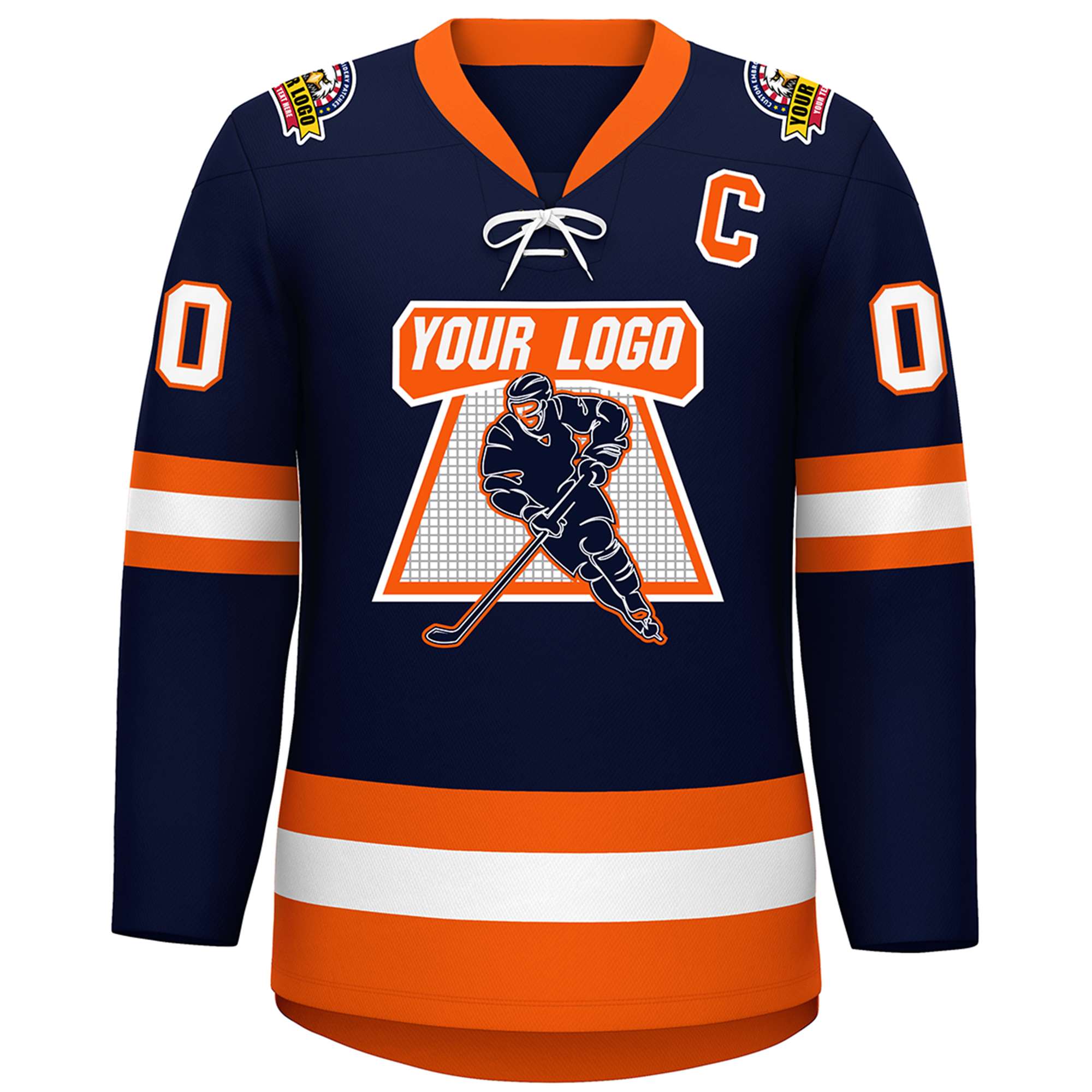 Custom Navy Orange-White Lace-Up Neck Hockey Jersey | KXKSHOP