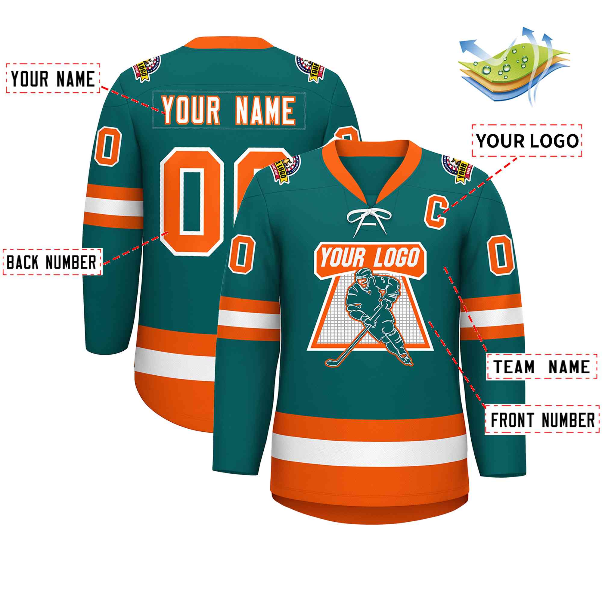 Custom Aqua White-Orange Lace-Up Neck Hockey Jersey | KXKSHOP