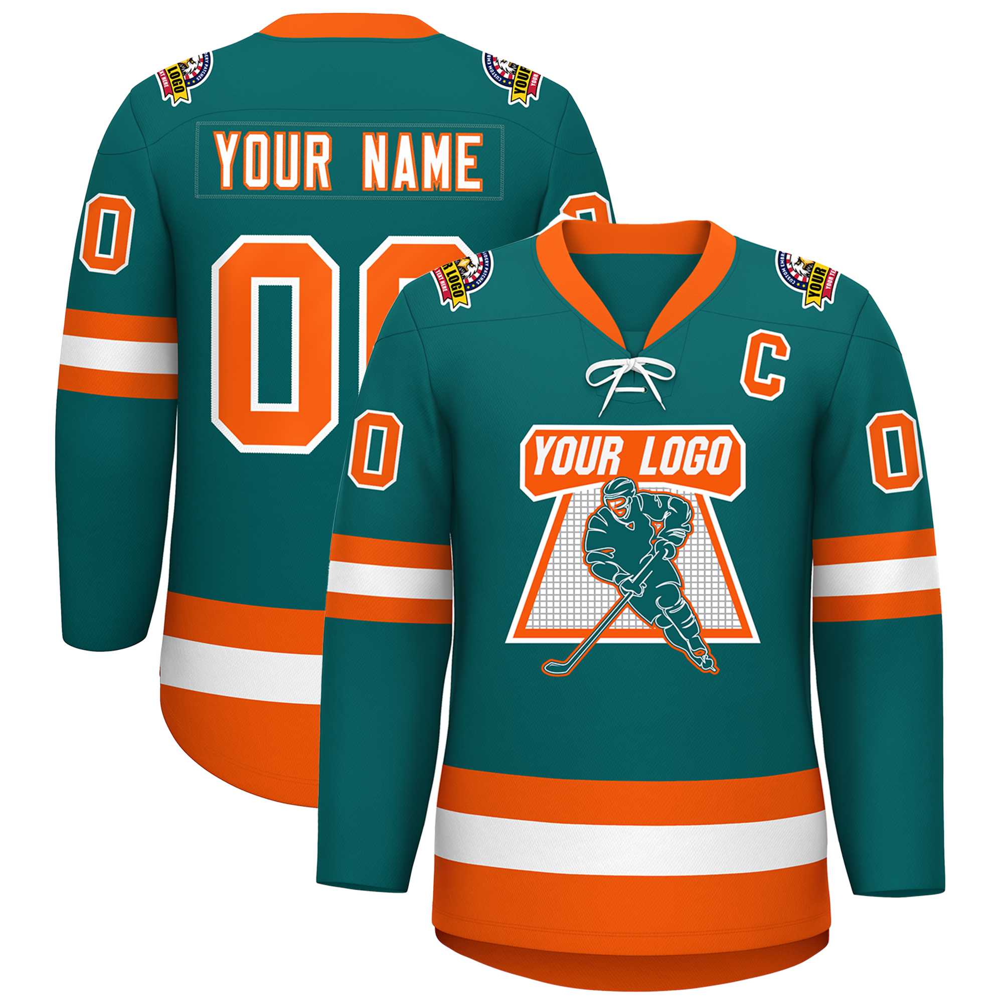 Custom Aqua White-Orange Lace-Up Neck Hockey Jersey | KXKSHOP