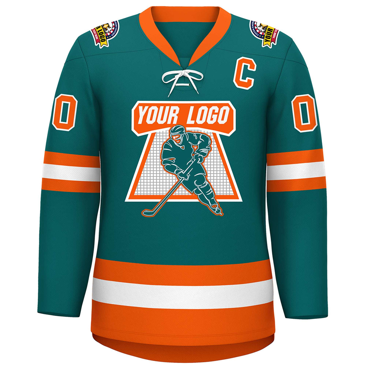 Custom Aqua White-Orange Lace-Up Neck Hockey Jersey | KXKSHOP