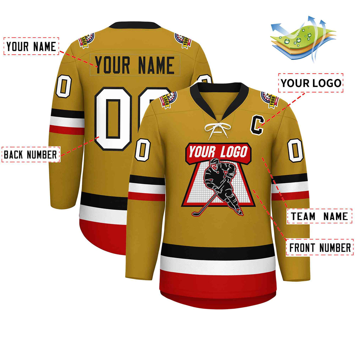 Custom Old Gold Black-White Lace-Up Neck Hockey Jersey | KXKSHOP