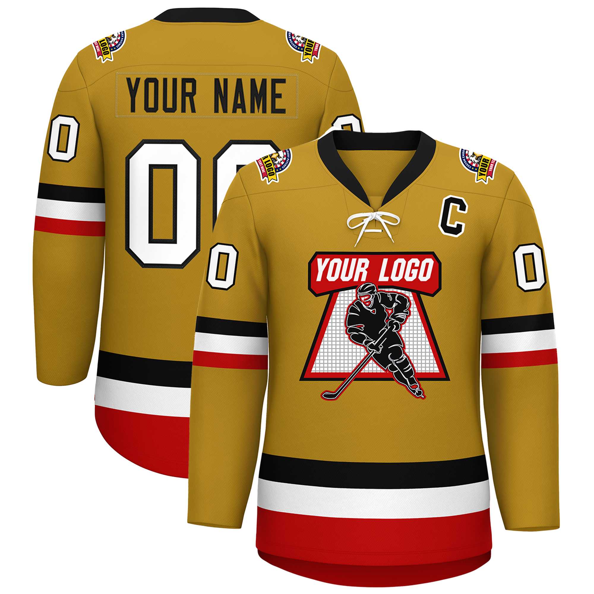 Custom Old Gold Black-White Lace-Up Neck Hockey Jersey | KXKSHOP