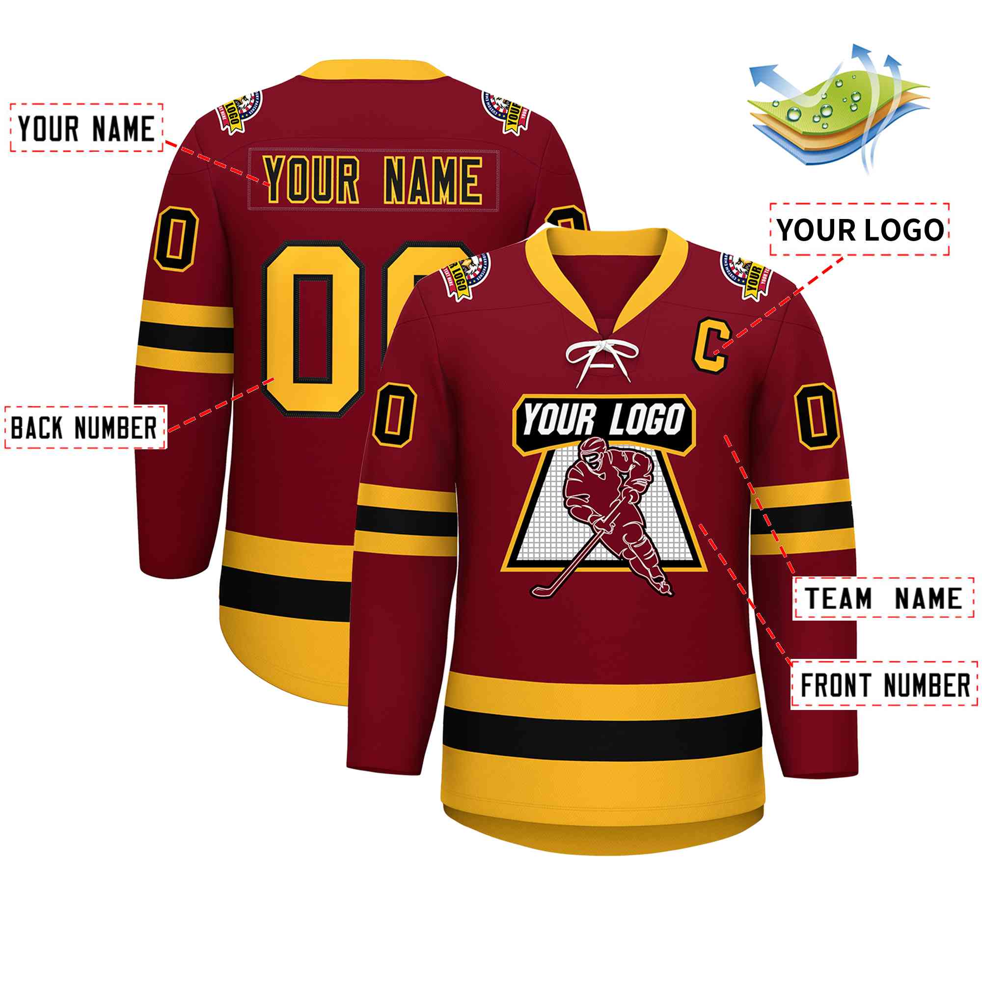 Custom Crimson Black-Gold Lace-Up Neck Hockey Jersey | KXKSHOP