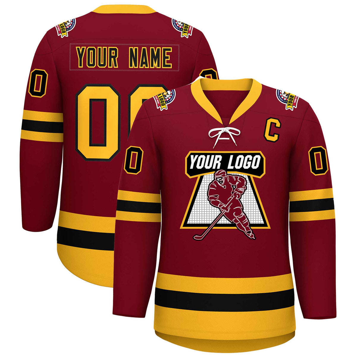 Custom Crimson Black-Gold Lace-Up Neck Hockey Jersey | KXKSHOP