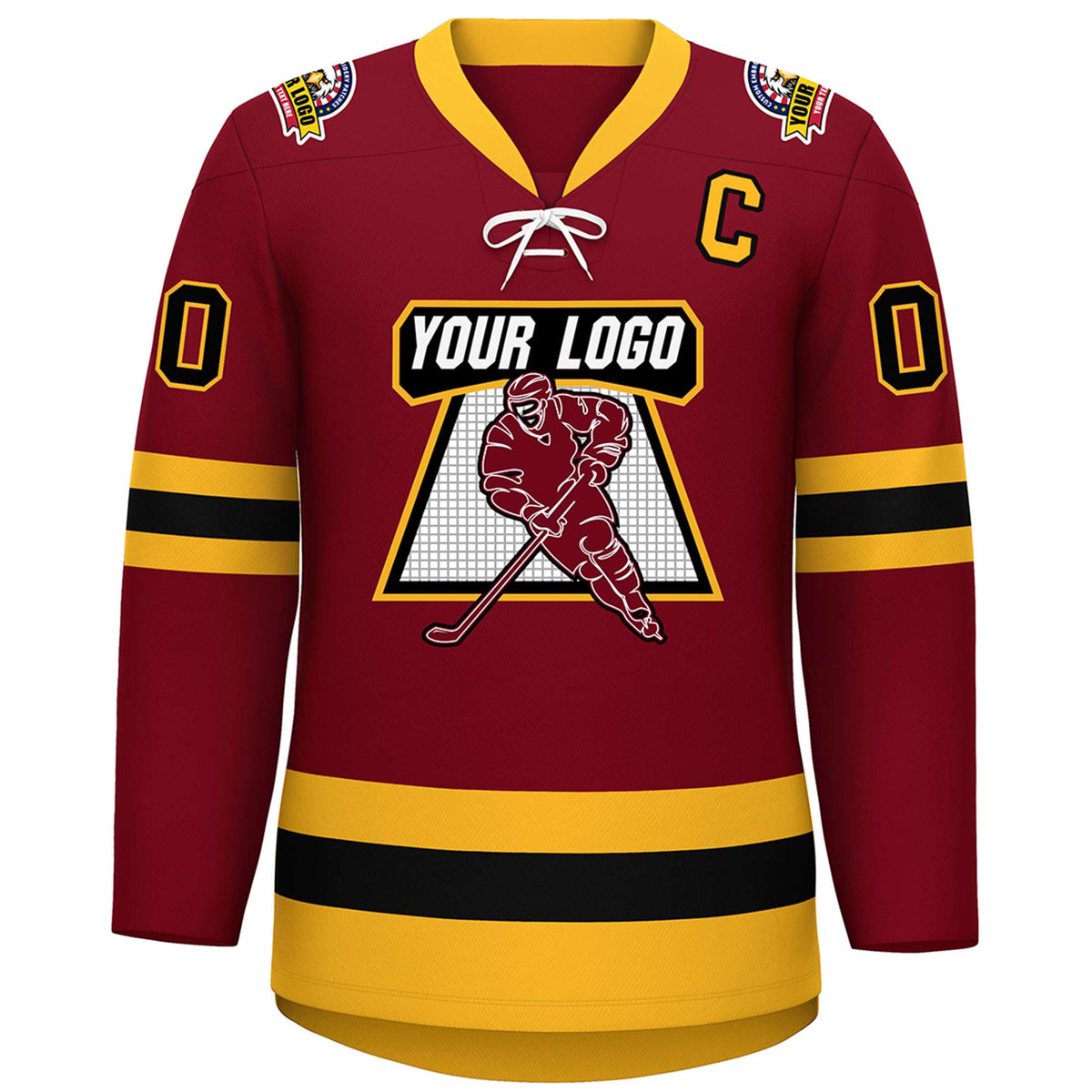 Custom Crimson Black-Gold Lace-Up Neck Hockey Jersey | KXKSHOP