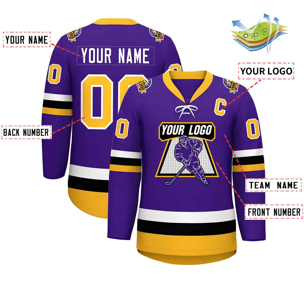 Custom Purple Gold-White Lace-Up Neck Hockey Jersey | KXKSHOP