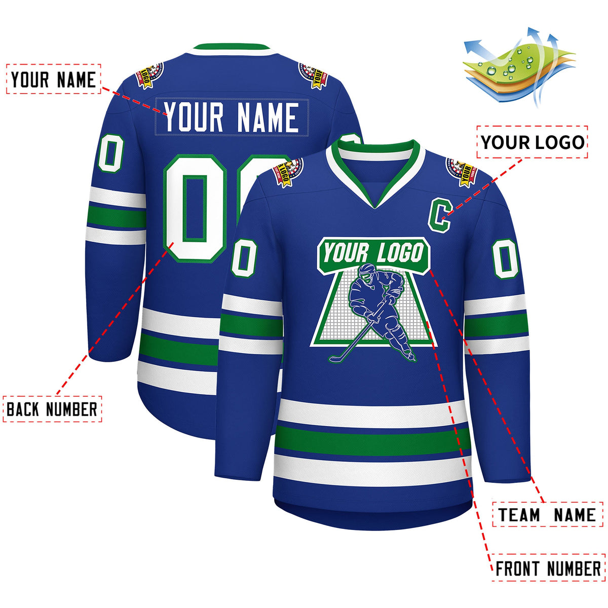 Custom Royal White Kelly Green- Classic Style Hockey Jersey | KXKSHOP