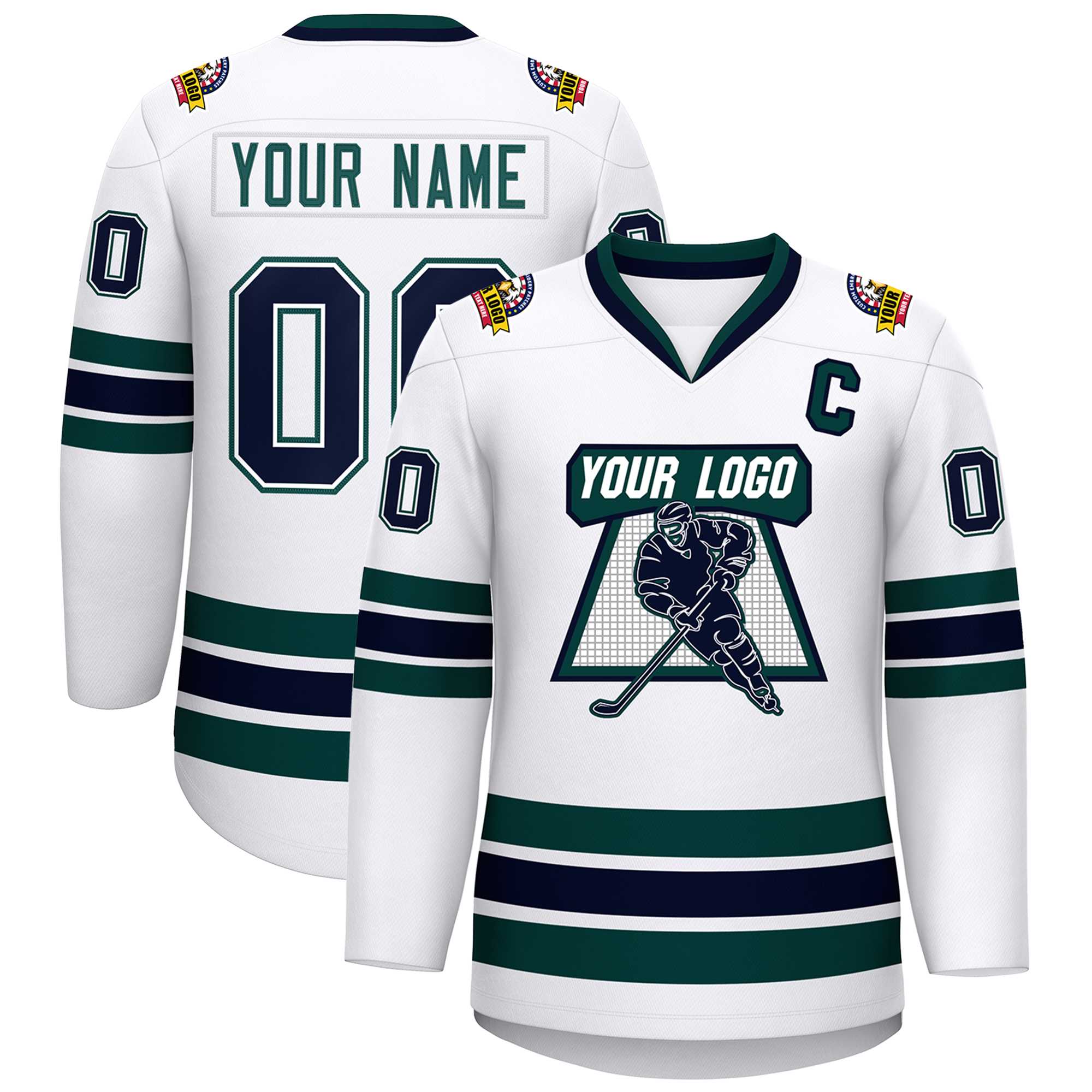 Custom White Navy White-Midnight Green Classic Style Hockey Jersey | KXKSHOP