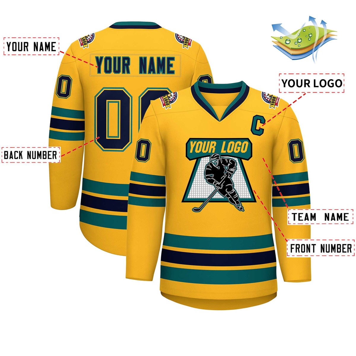 Custom Gold Navy Gold-Aqua Classic Style Hockey Jersey | KXKSHOP