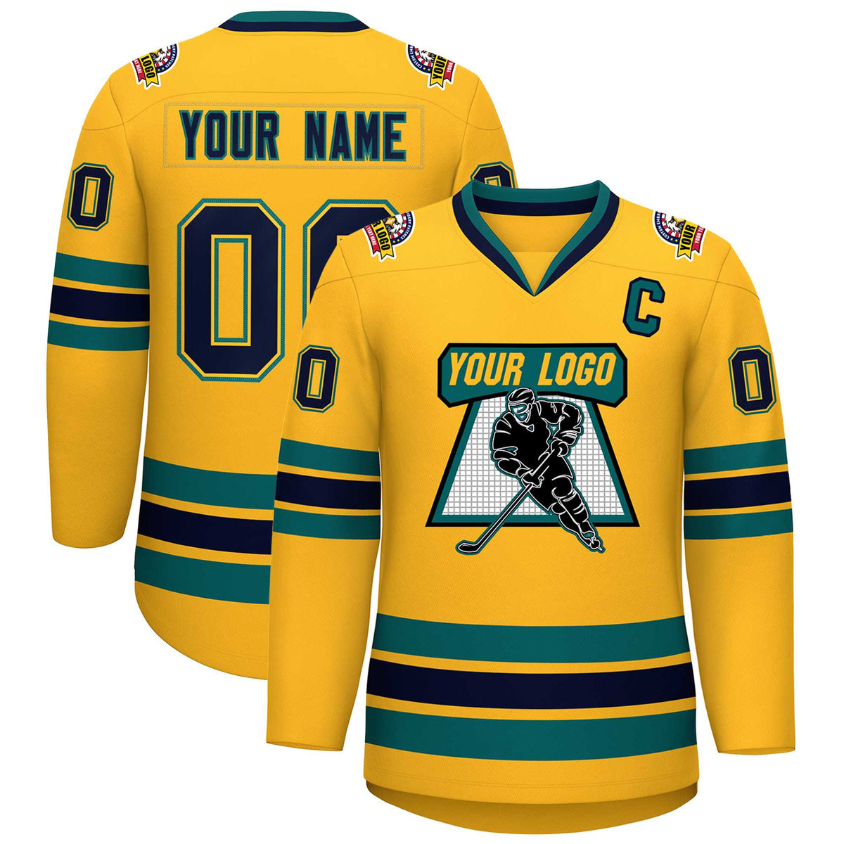 Custom Gold Navy Gold-Aqua Classic Style Hockey Jersey | KXKSHOP