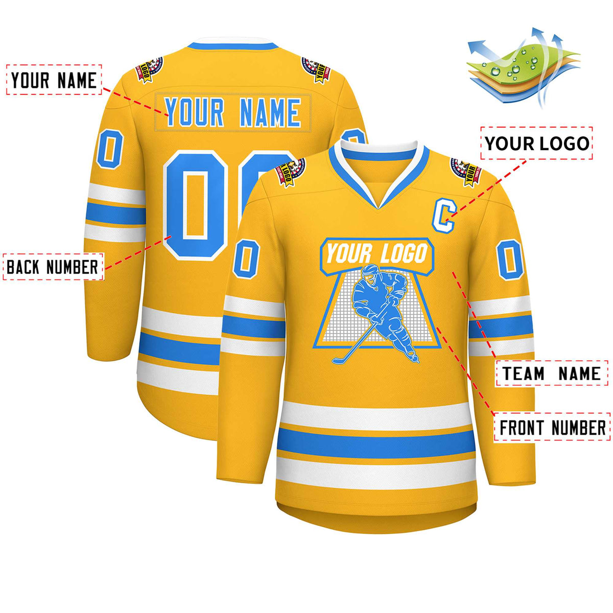 Custom Gold Powder Blue-White Classic Style Hockey Jersey | KXKSHOP