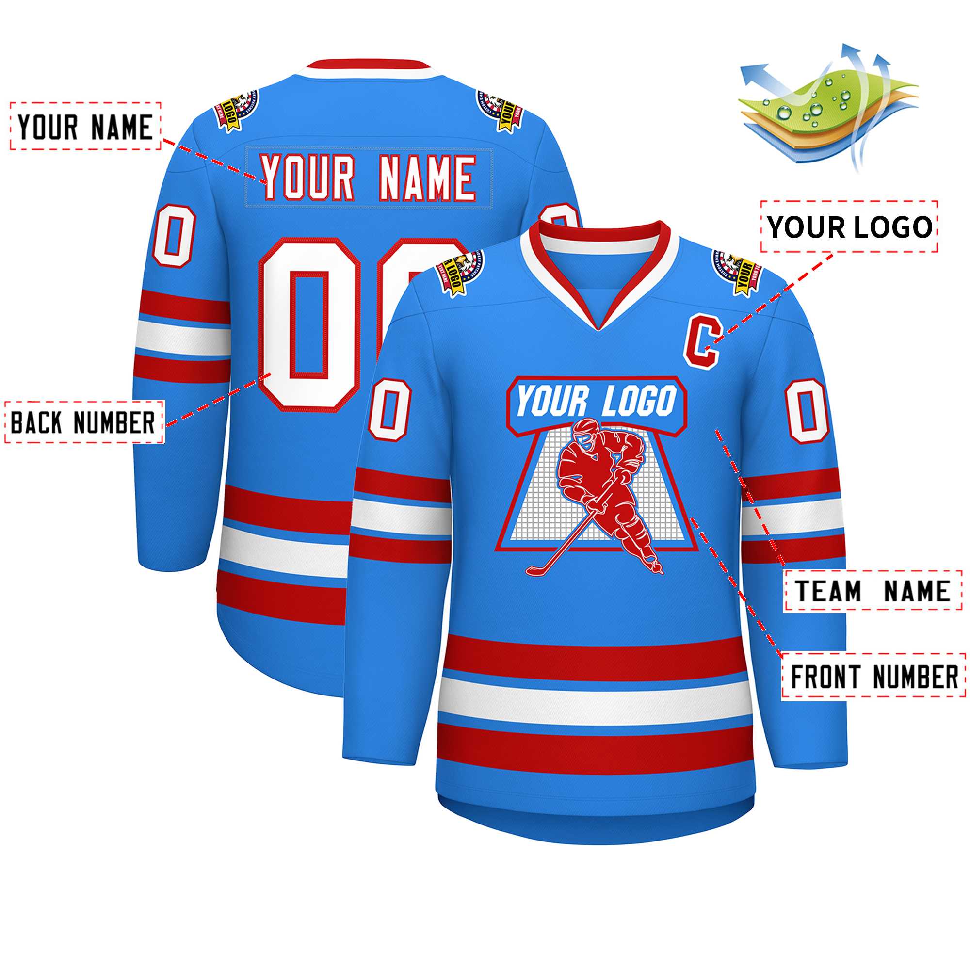 Custom Powder Blue White-Red Classic Style Hockey Jersey | KXKSHOP