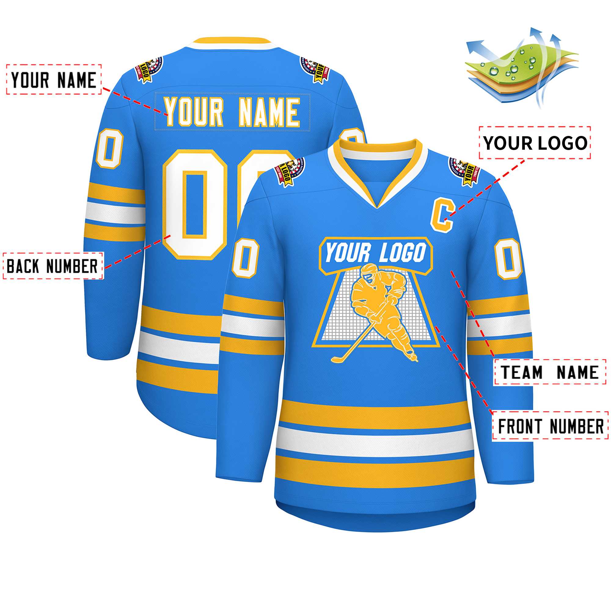 Custom Powder Blue White-Gold Classic Style Hockey Jersey | KXKSHOP