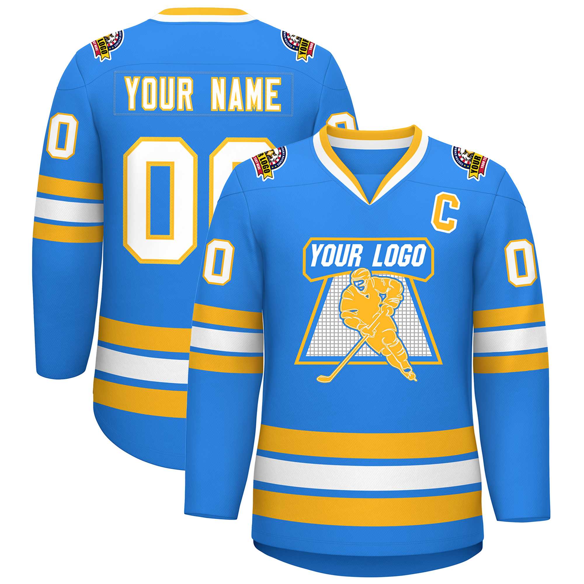 Custom Powder Blue White-Gold Classic Style Hockey Jersey | KXKSHOP