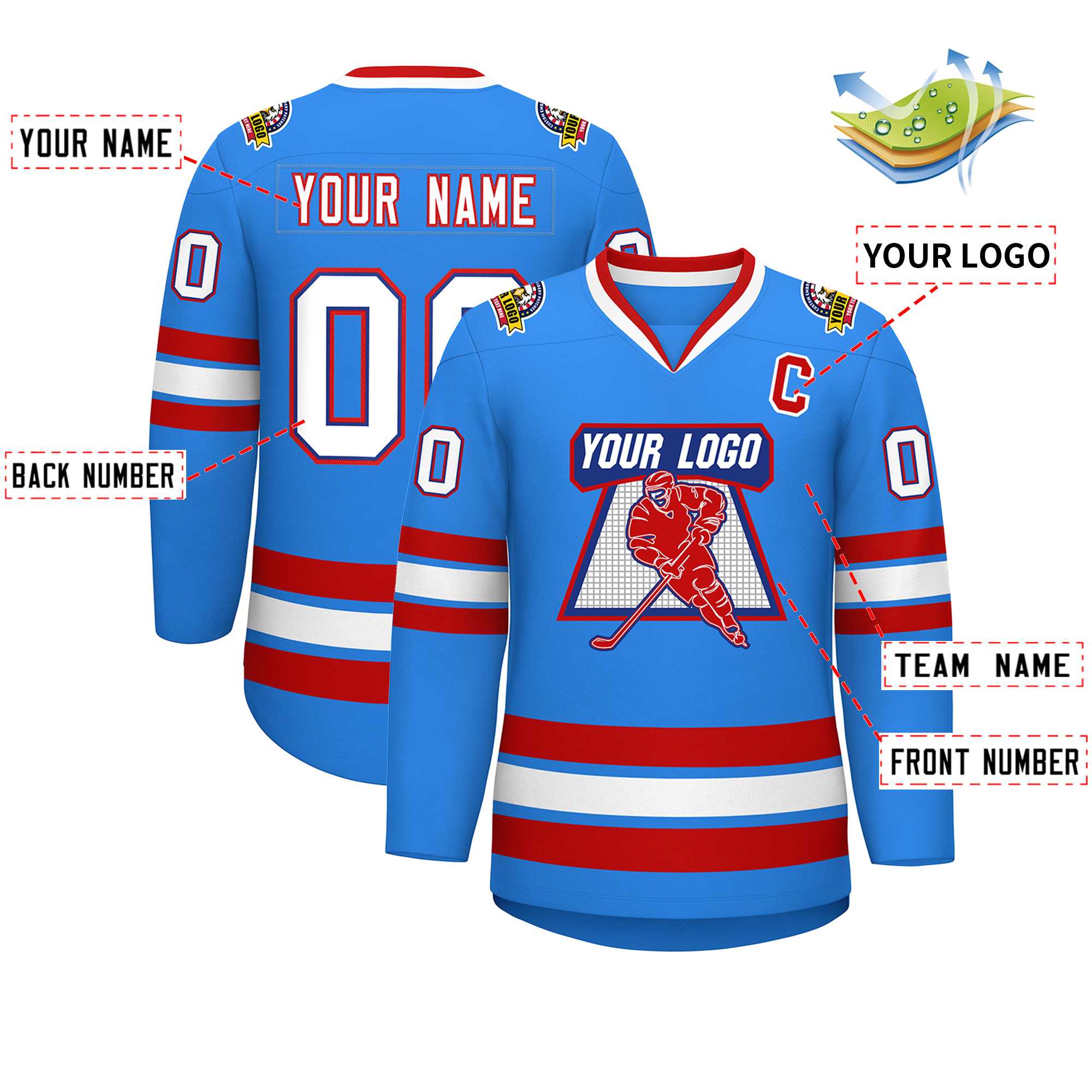 Custom Powder Blue White Royal-Red Classic Style Hockey Jersey | KXKSHOP