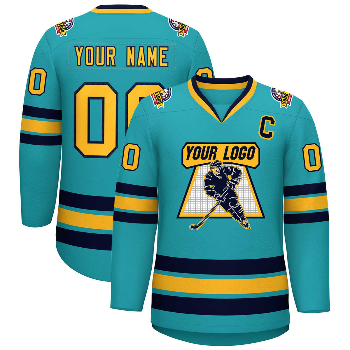 Custom Aqua Gold-Navy Classic Style Hockey Jersey | KXKSHOP