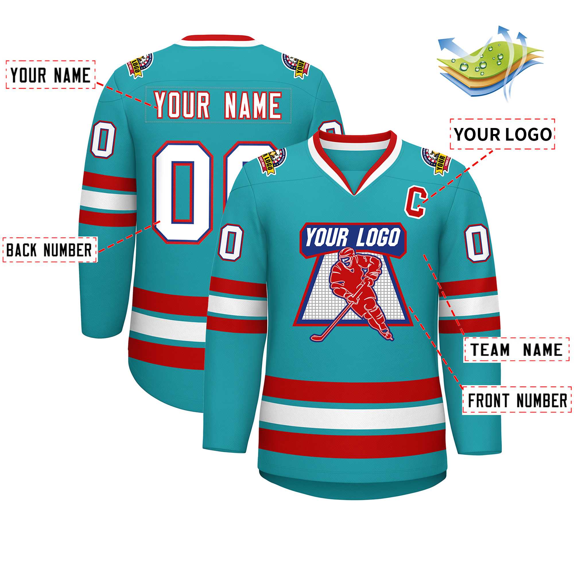 Custom Aqua White Royal-Red Classic Style Hockey Jersey | KXKSHOP