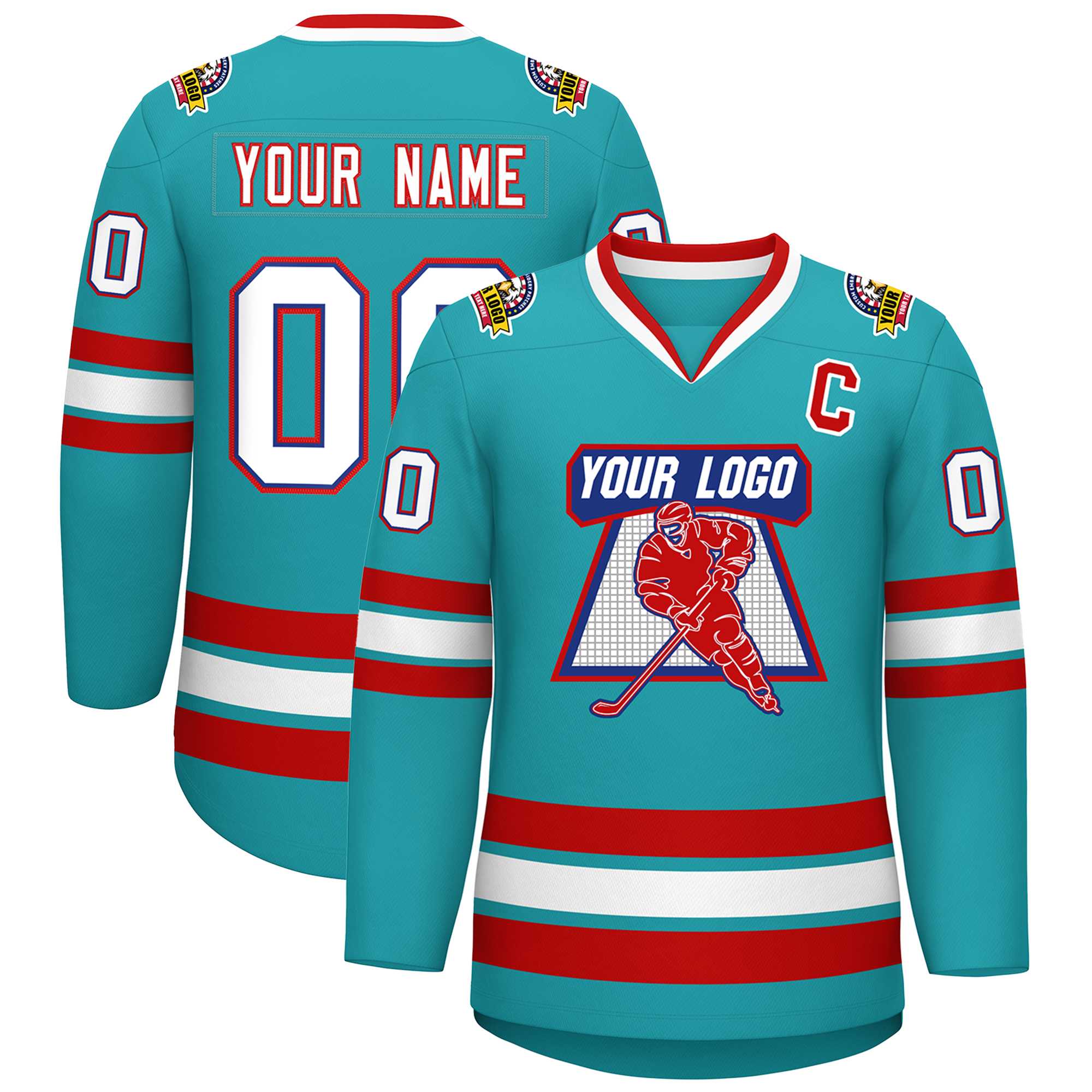Custom Aqua White Royal-Red Classic Style Hockey Jersey | KXKSHOP