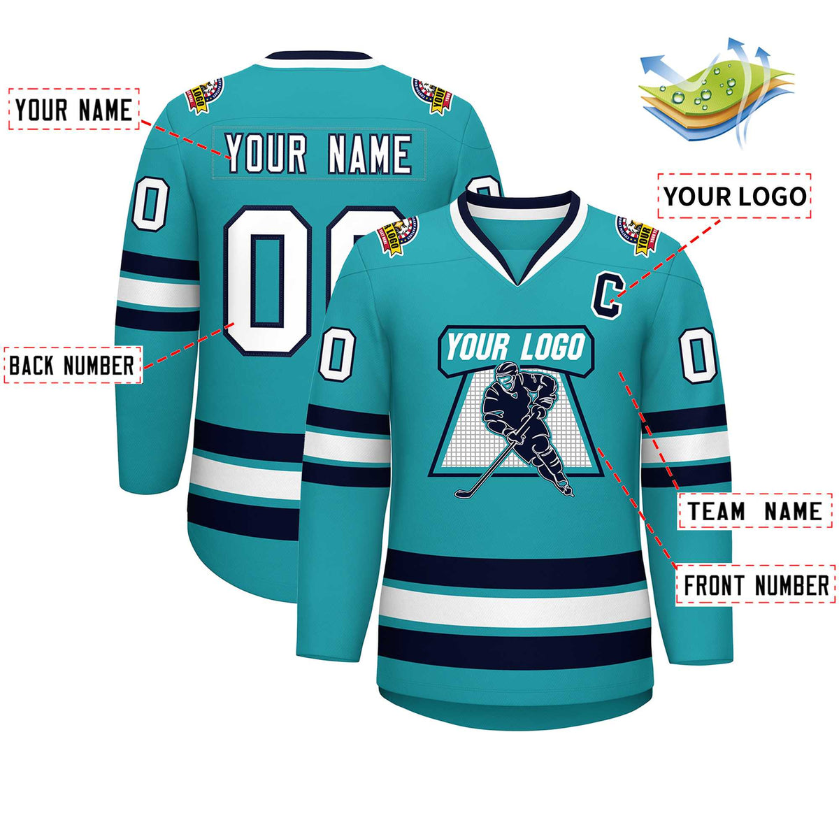 Custom Aqua White-Navy Classic Style Hockey Jersey | KXKSHOP
