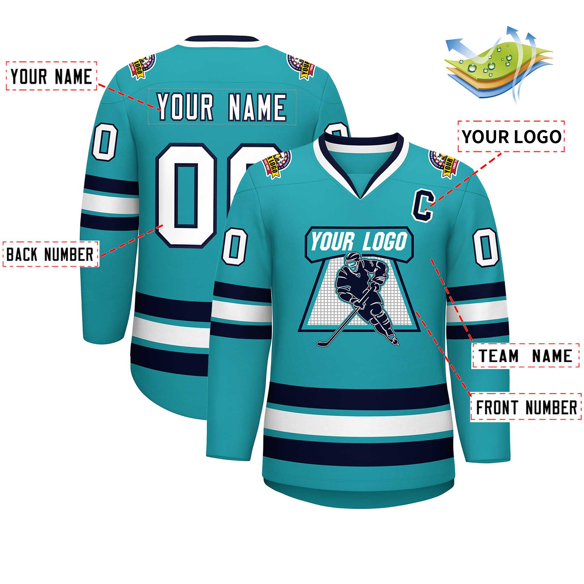 Custom Aqua White-Navy Classic Style Hockey Jersey | KXKSHOP