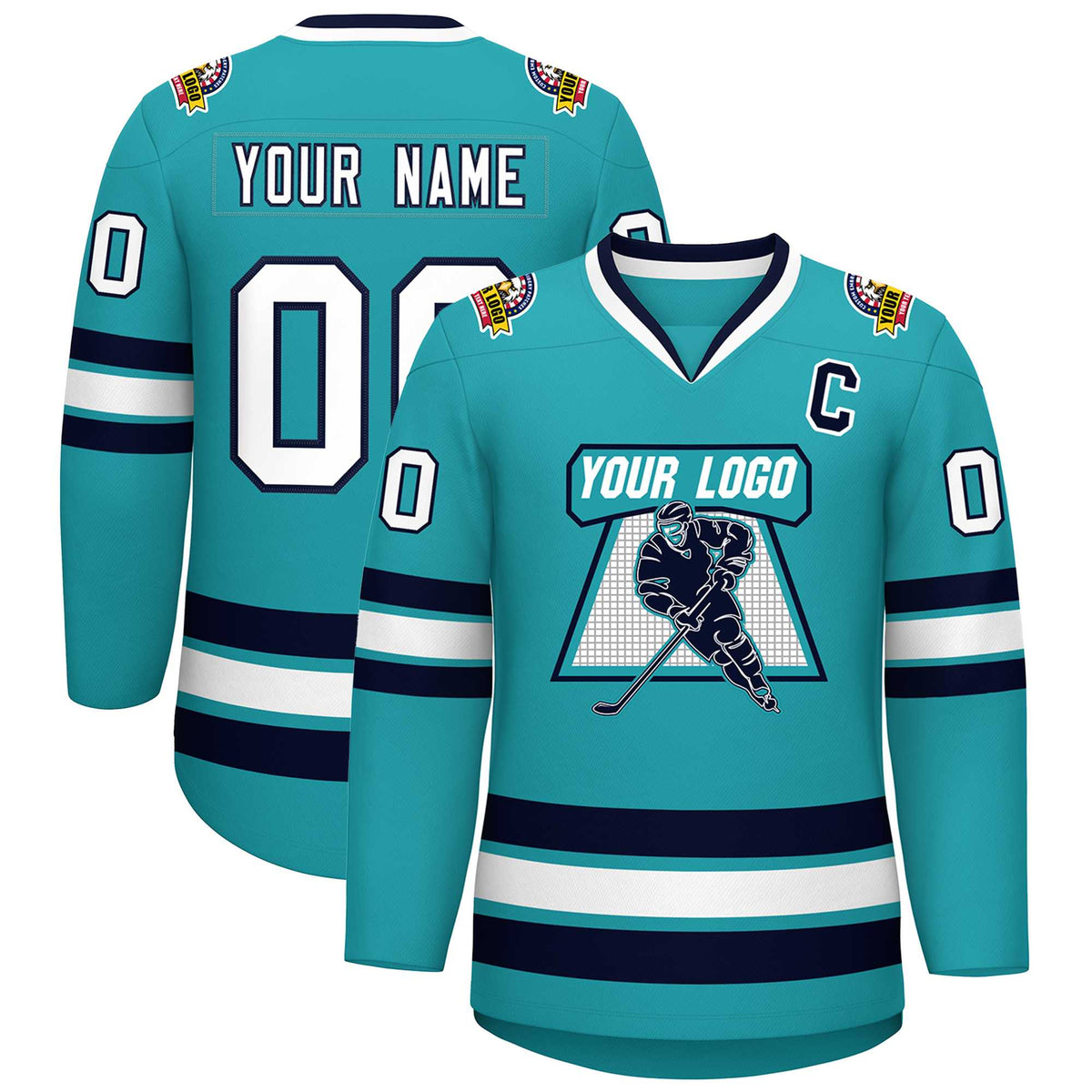 Custom Aqua White-Navy Classic Style Hockey Jersey | KXKSHOP